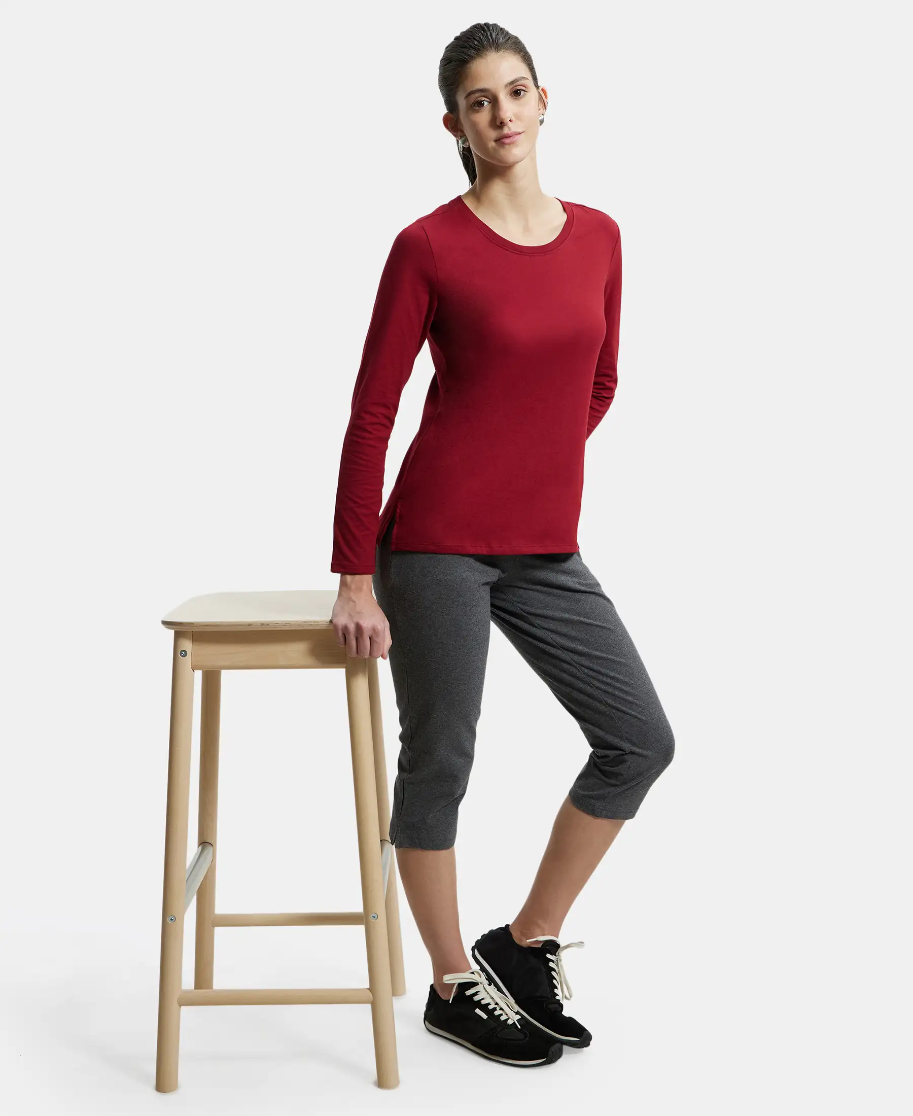 Super Combed Cotton Rich Relaxed Fit Solid Round Neck Full Sleeve T-Shirt - Rhubarb - Image 6