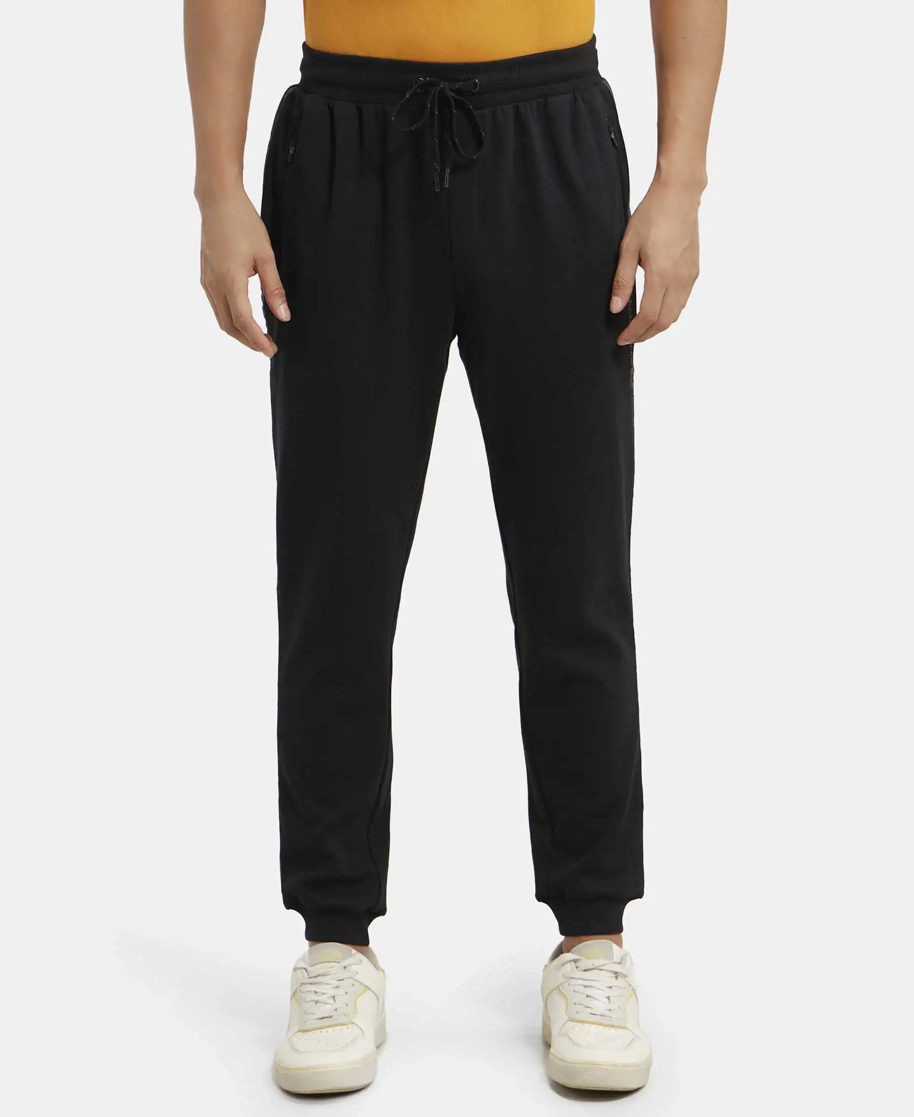 Super Combed Cotton Rich Slim Fit Jogger with Zipper Pockets - Black & True Black Melange