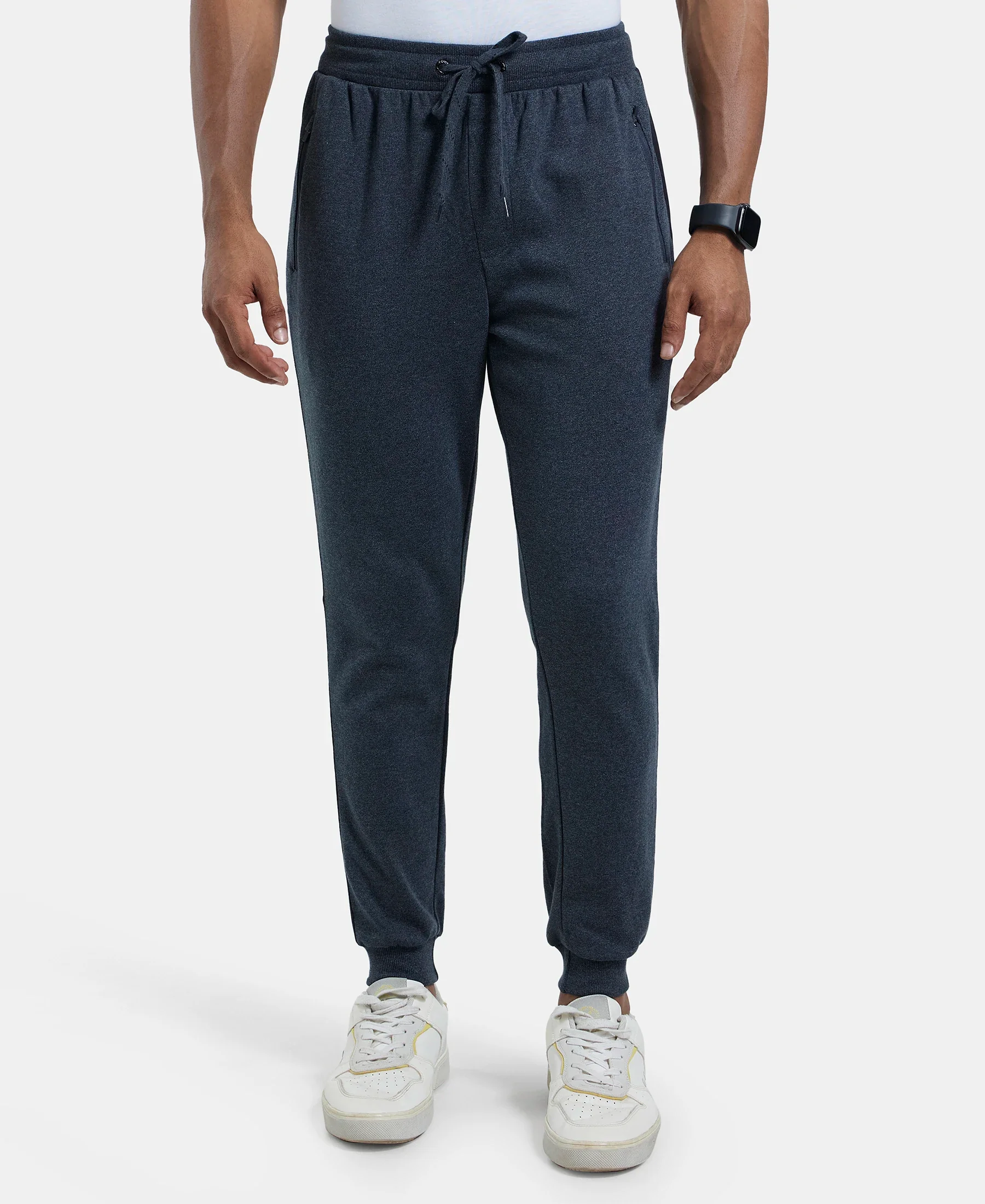 Super Combed Cotton Rich Slim Fit Jogger with Zipper Pockets - True Black Melange & Black