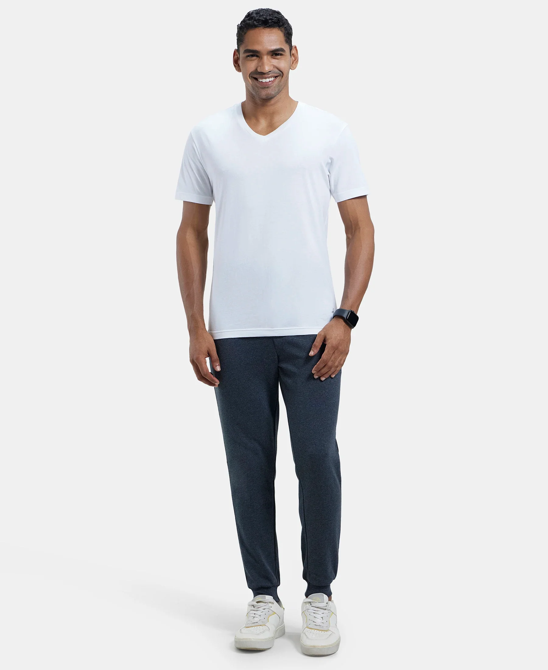 Super Combed Cotton Rich Slim Fit Jogger with Zipper Pockets - True Black Melange & Black - Image 4