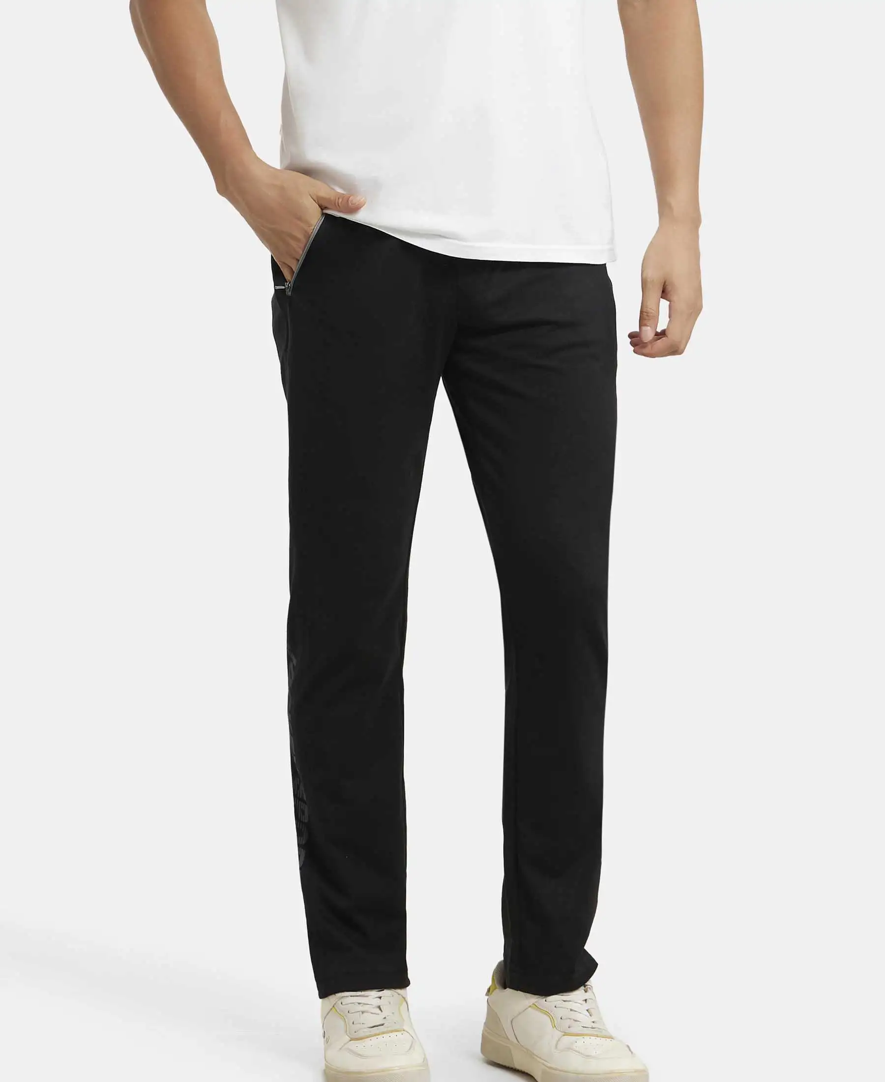 Super Combed Cotton Rich Slim Fit Trackpant with Side Zipper Pockets - Black & Grey Melange - Image 5