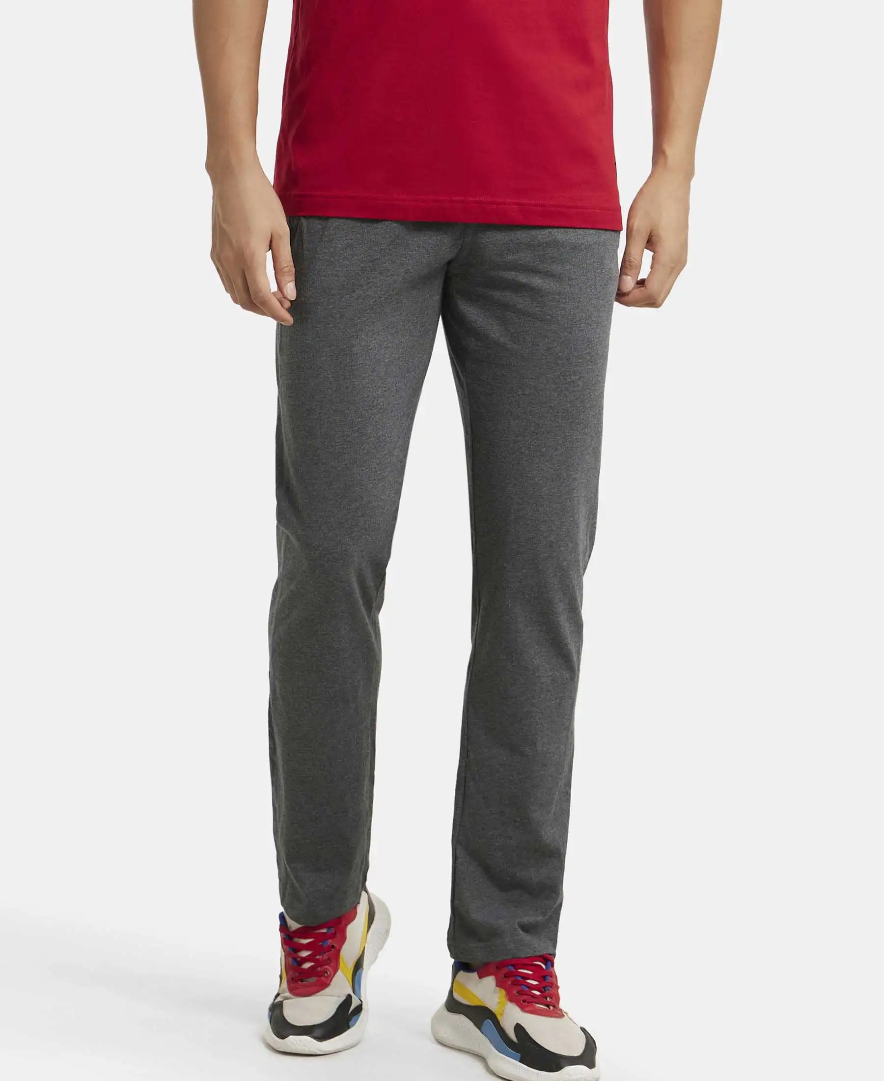 Super Combed Cotton Rich Slim Fit Trackpant with Side Zipper Pockets - Charcoal Melange & Black - Image 5