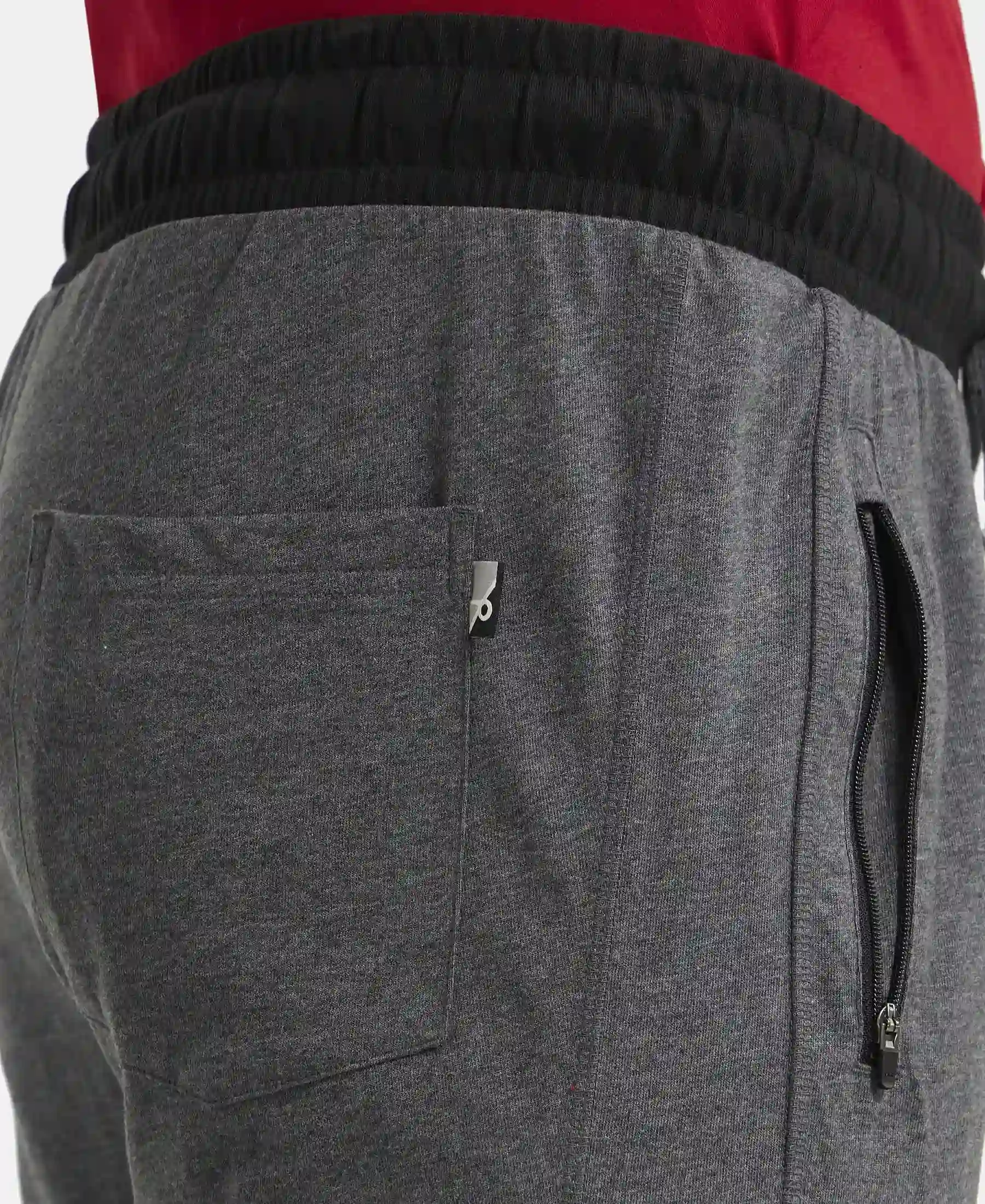 Super Combed Cotton Rich Slim Fit Trackpant with Side Zipper Pockets - Charcoal Melange & Black - Image 7