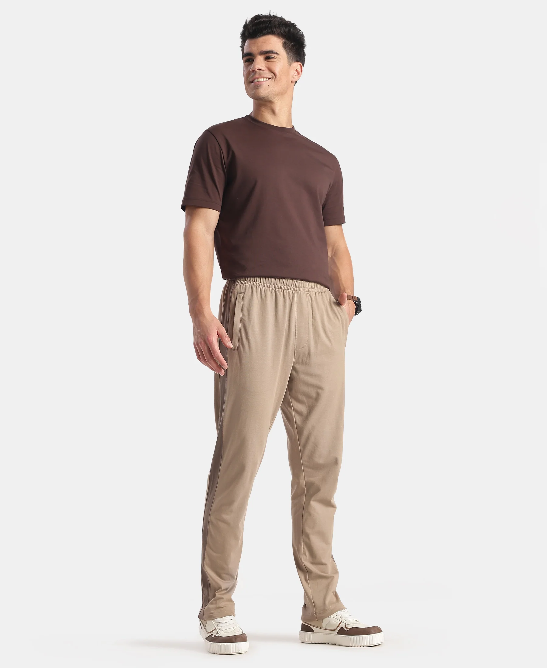 Super Combed Cotton Rich Slim Fit Trackpant with Zipper Media Pocket - Desert Taupe - Image 4