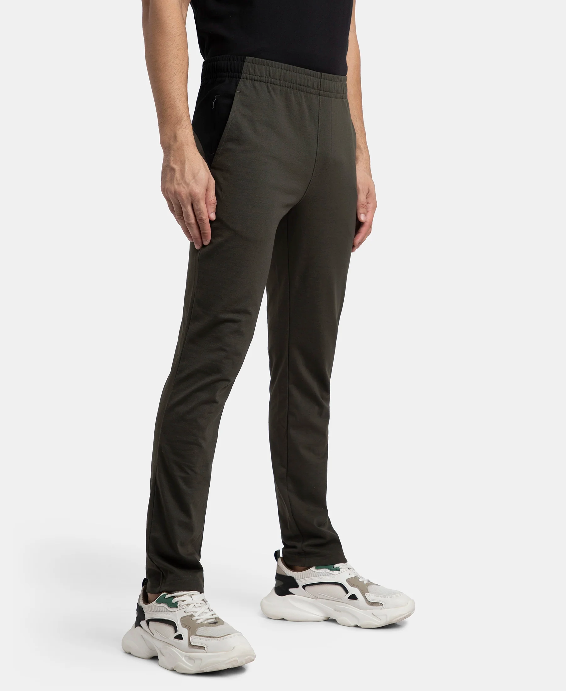 Super Combed Cotton Rich Slim Fit Trackpant with Zipper Media Pocket - Olive - Image 2