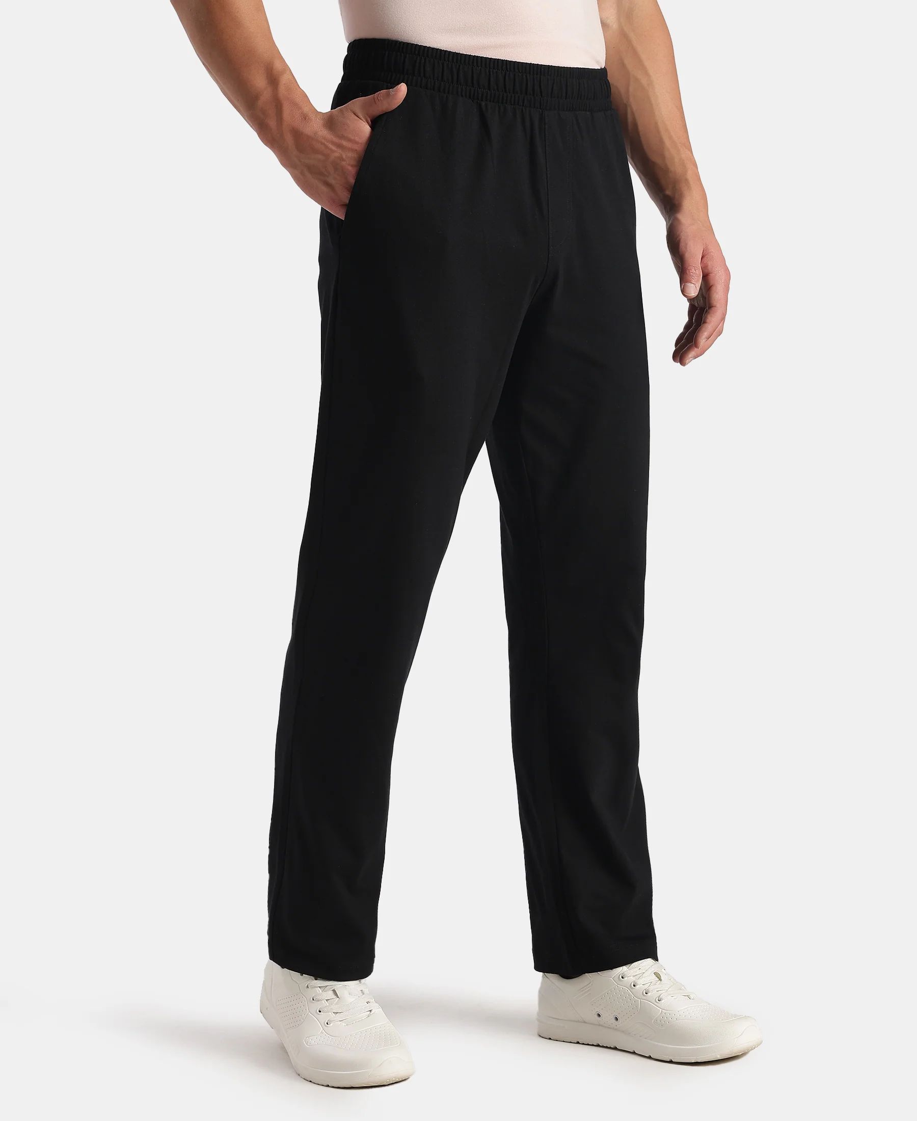 Super Combed Cotton Rich Straight Fit Trackpants with Side and Zipper Media Pockets - Black - Image 2