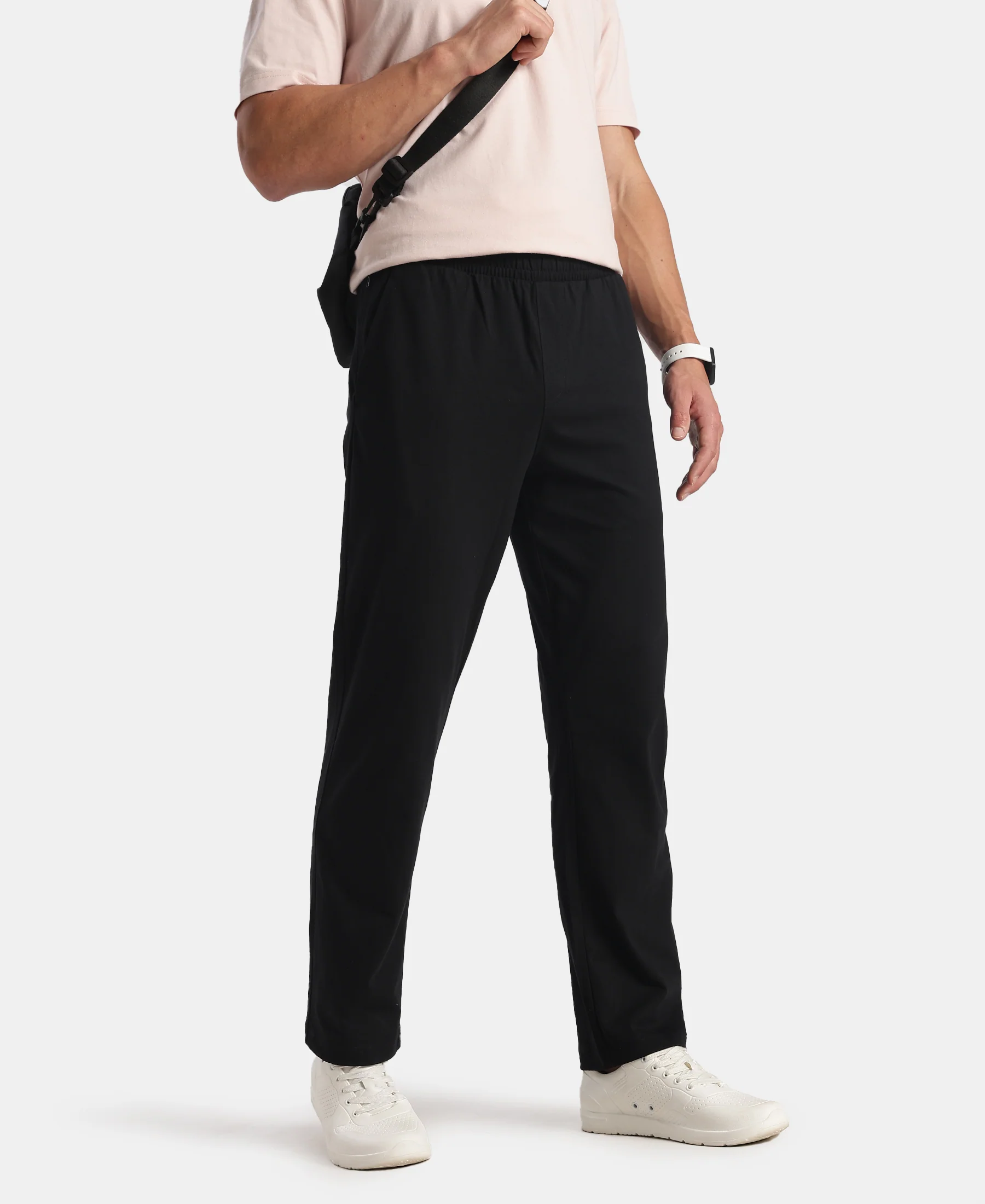 Super Combed Cotton Rich Straight Fit Trackpants with Side and Zipper Media Pockets - Black - Image 5