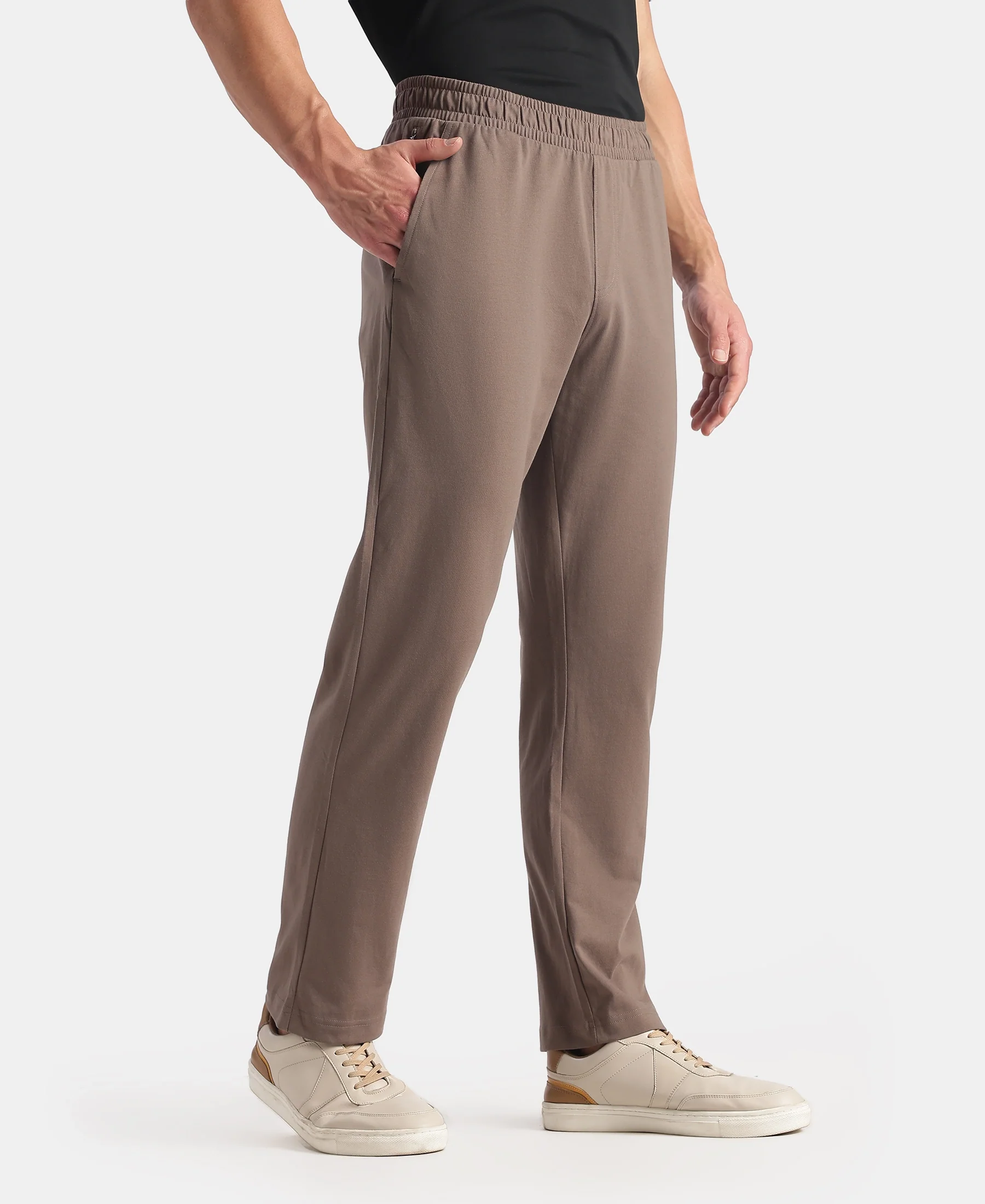 Super Combed Cotton Rich Straight Fit Trackpants with Side and Zipper Media Pockets - Dark Khaki - Image 2