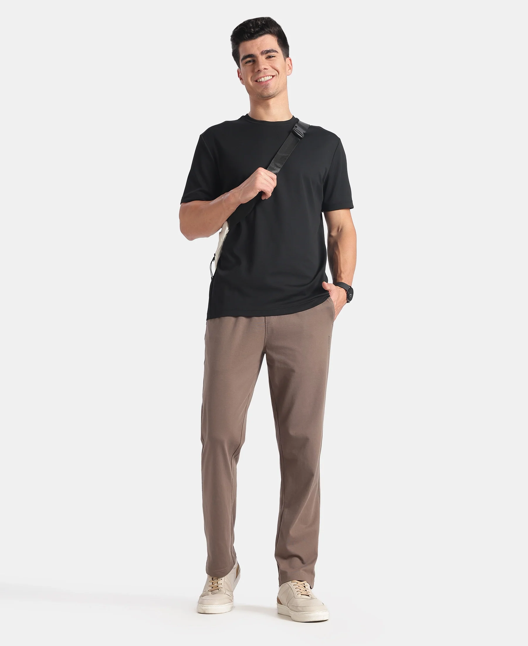 Super Combed Cotton Rich Straight Fit Trackpants with Side and Zipper Media Pockets - Dark Khaki - Image 4