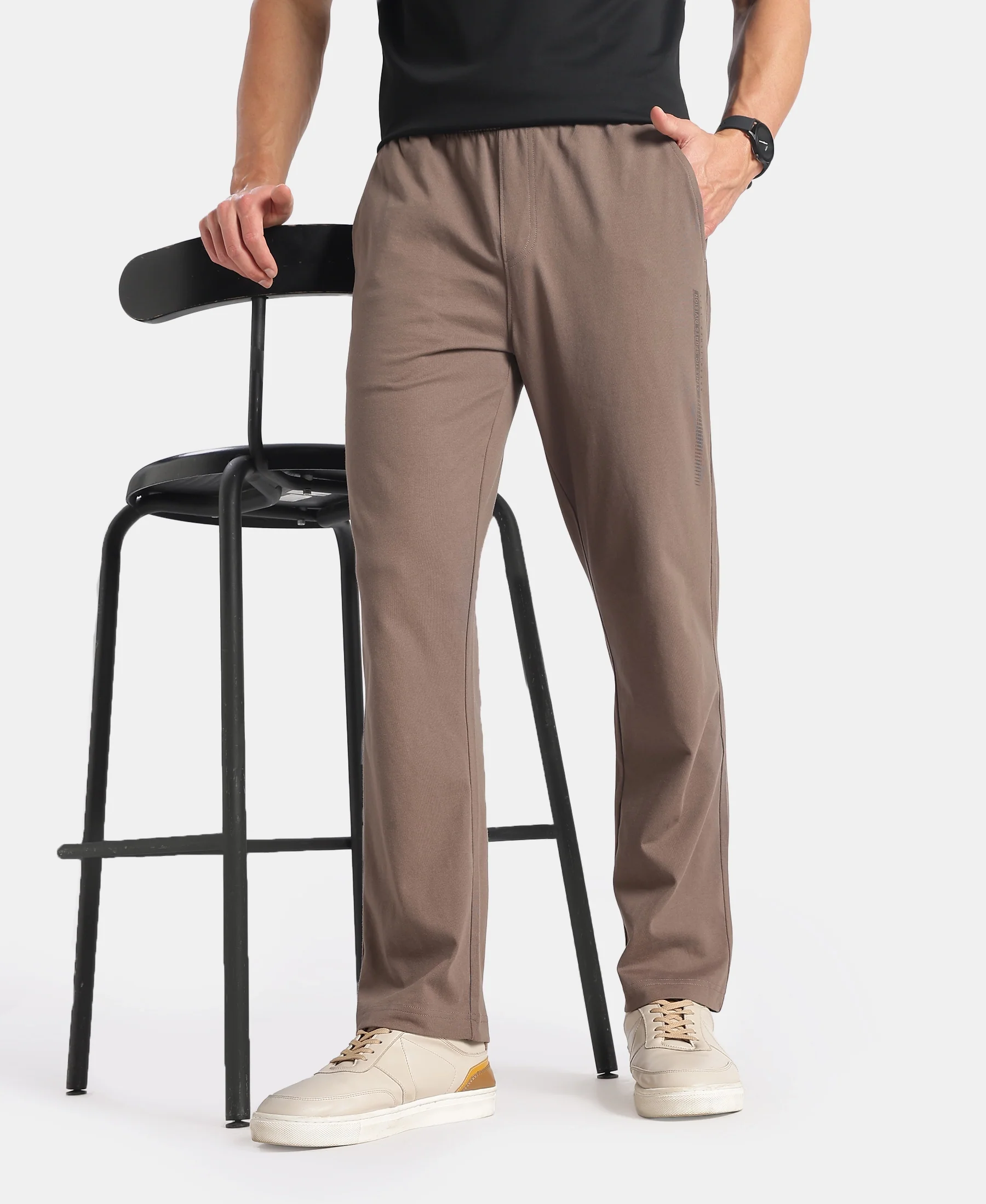 Super Combed Cotton Rich Straight Fit Trackpants with Side and Zipper Media Pockets - Dark Khaki - Image 5