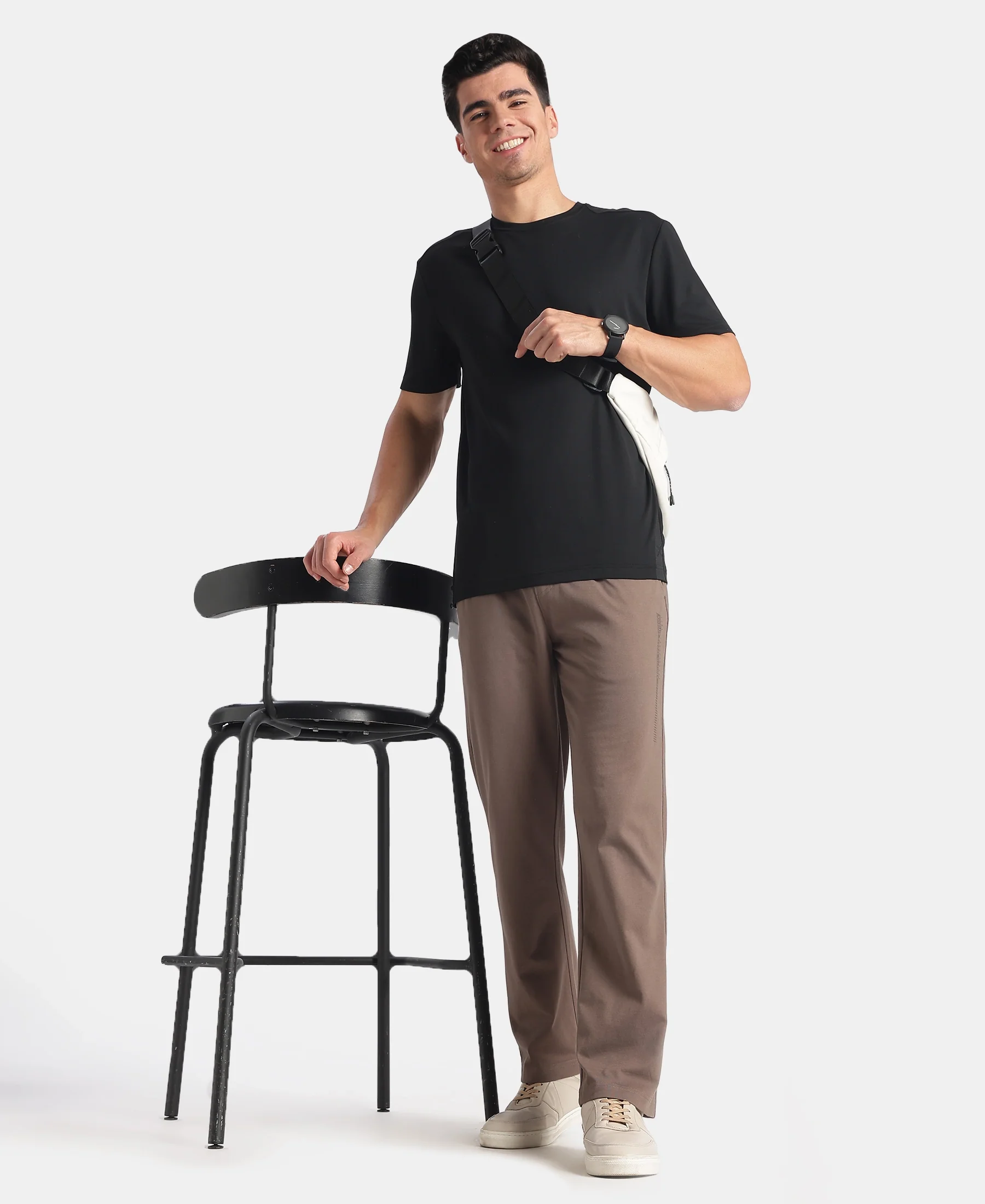 Super Combed Cotton Rich Straight Fit Trackpants with Side and Zipper Media Pockets - Dark Khaki - Image 6