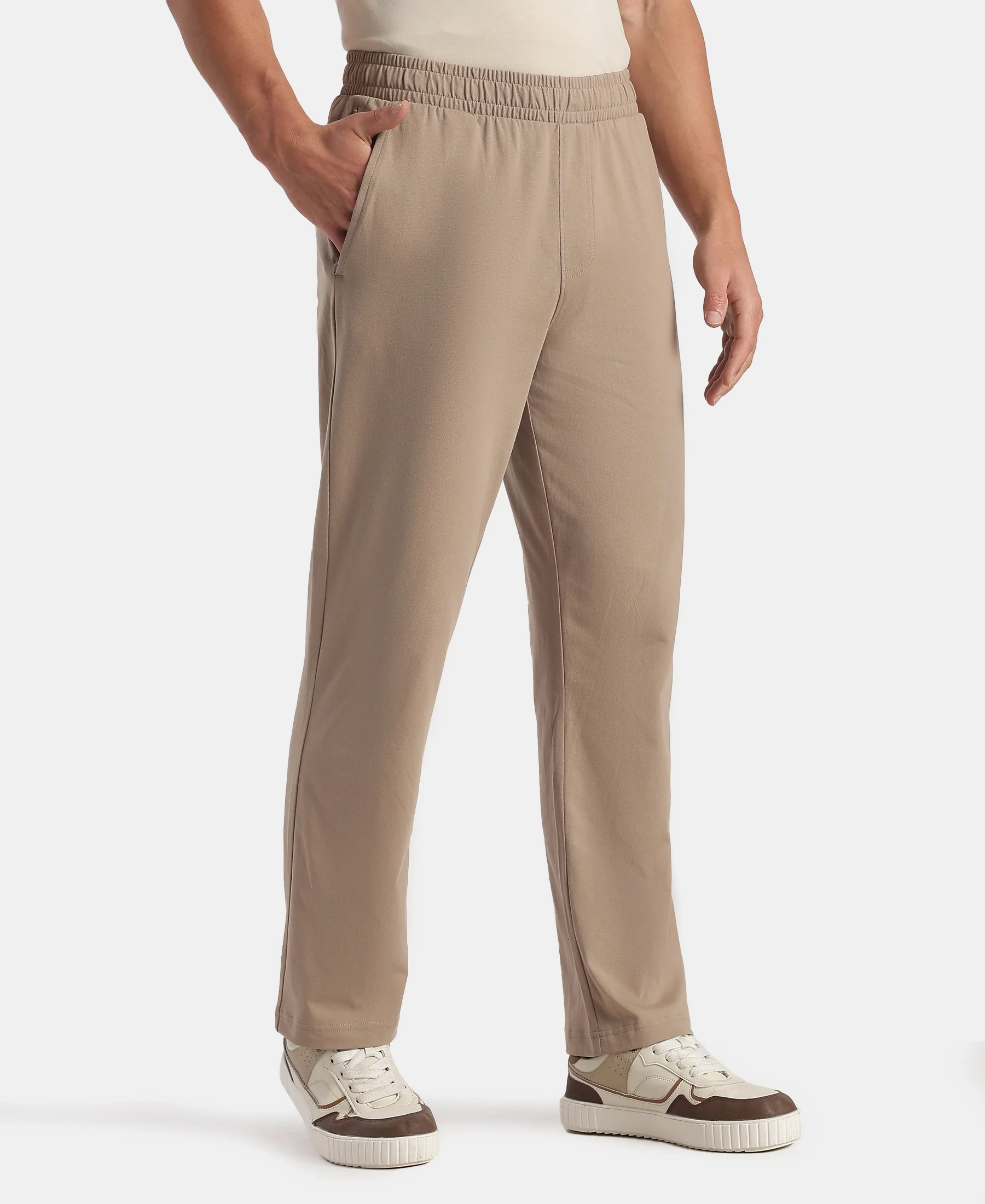 Super Combed Cotton Rich Straight Fit Trackpants with Side and Zipper Media Pockets - Desert Taupe - Image 2