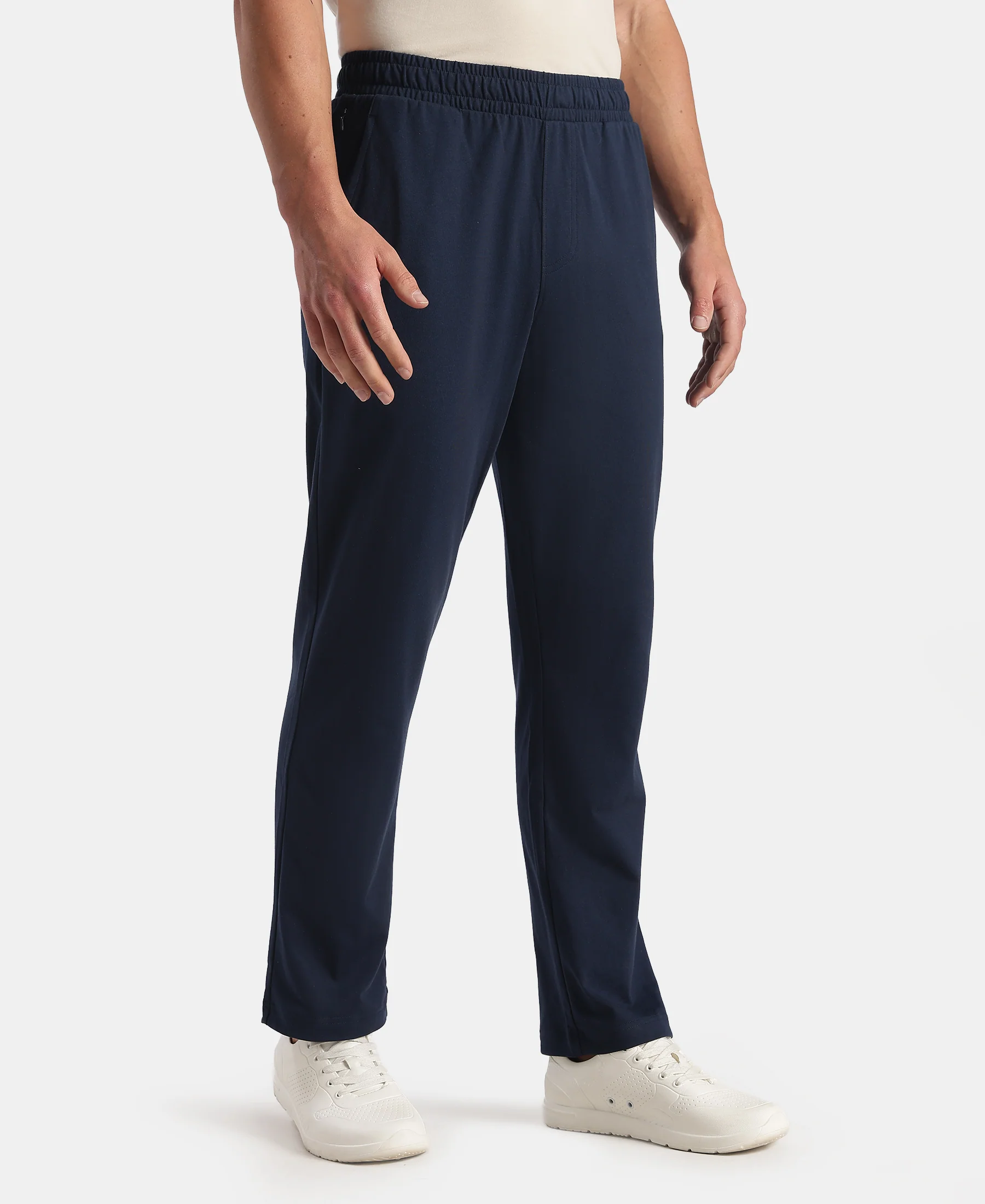 Super Combed Cotton Rich Straight Fit Trackpants with Side and Zipper Media Pockets - Navy - Image 2