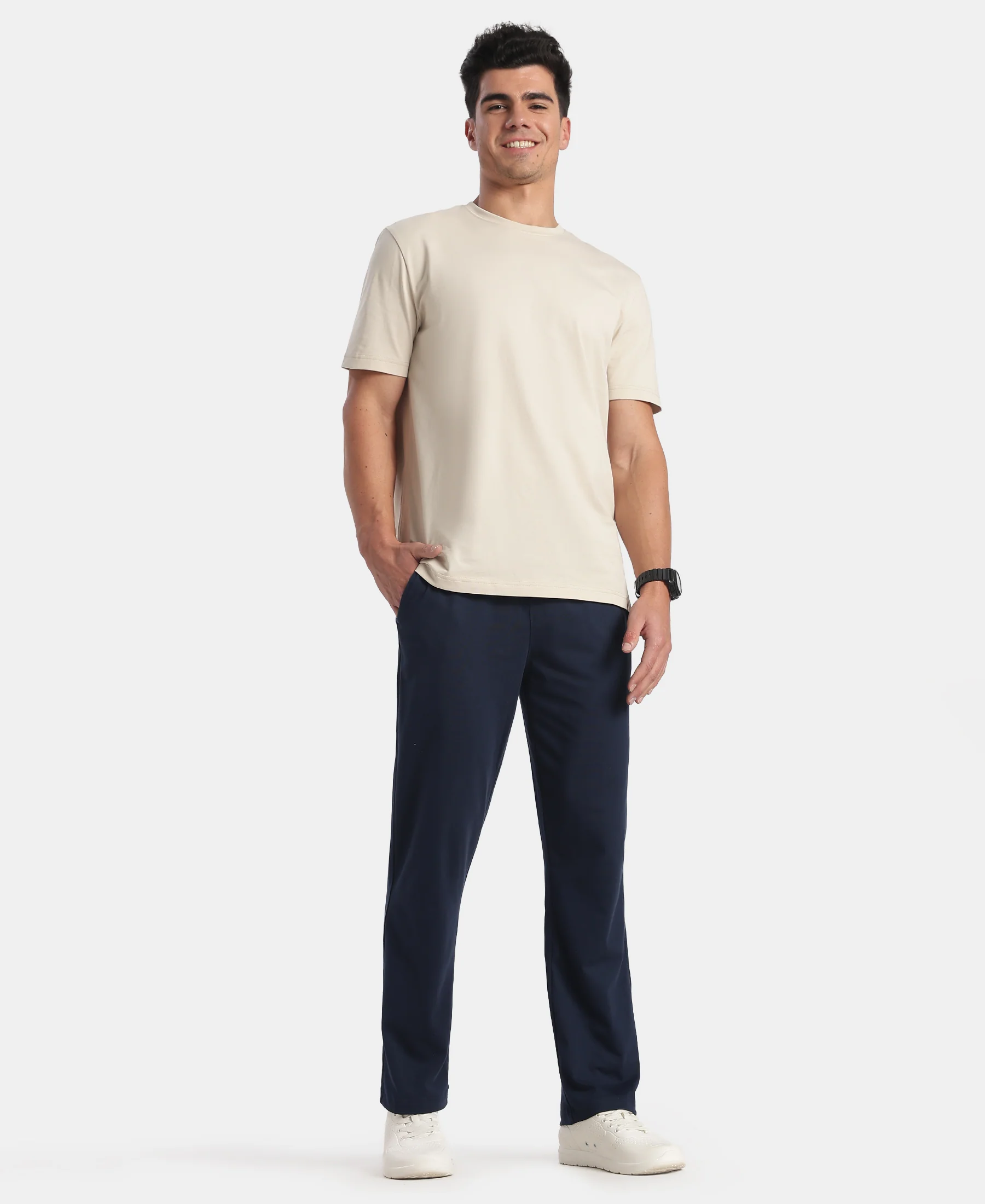 Super Combed Cotton Rich Straight Fit Trackpants with Side and Zipper Media Pockets - Navy - Image 4