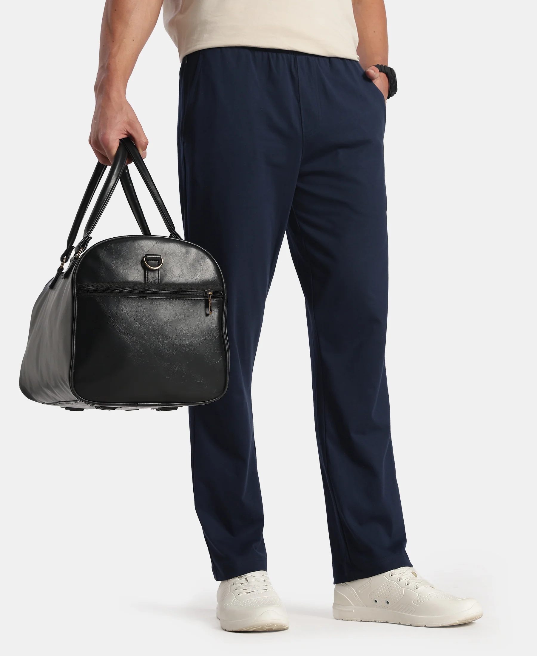 Super Combed Cotton Rich Straight Fit Trackpants with Side and Zipper Media Pockets - Navy - Image 5
