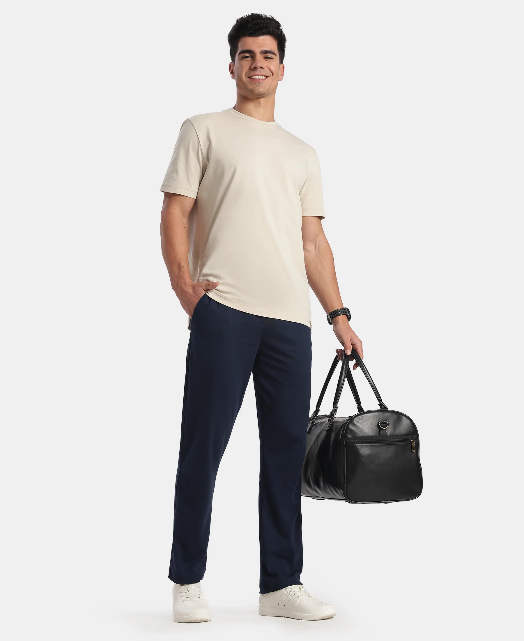 Super Combed Cotton Rich Straight Fit Trackpants with Side and Zipper Media Pockets - Navy - Image 6