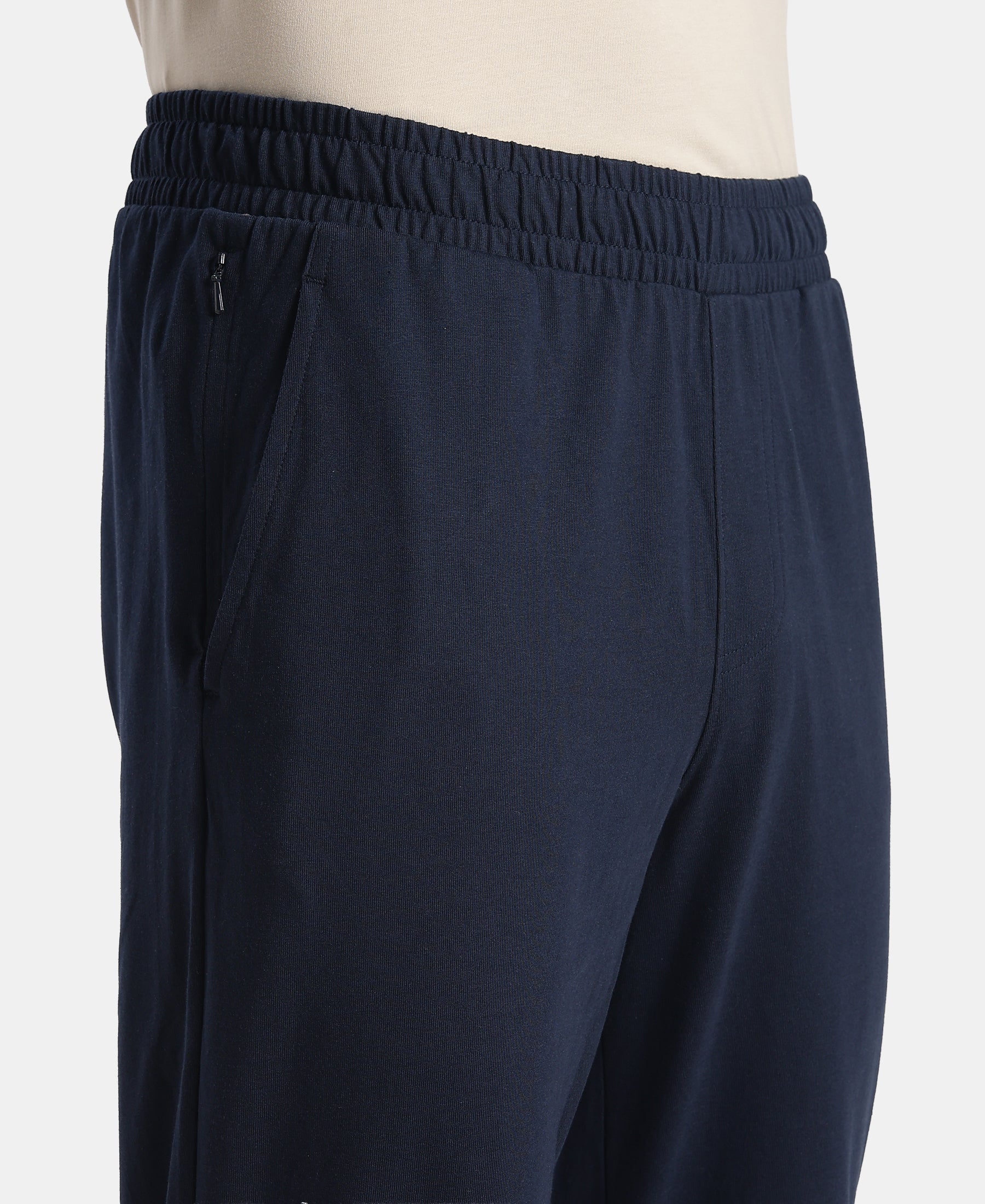 Super Combed Cotton Rich Straight Fit Trackpants with Side and Zipper Media Pockets - Navy - Image 7