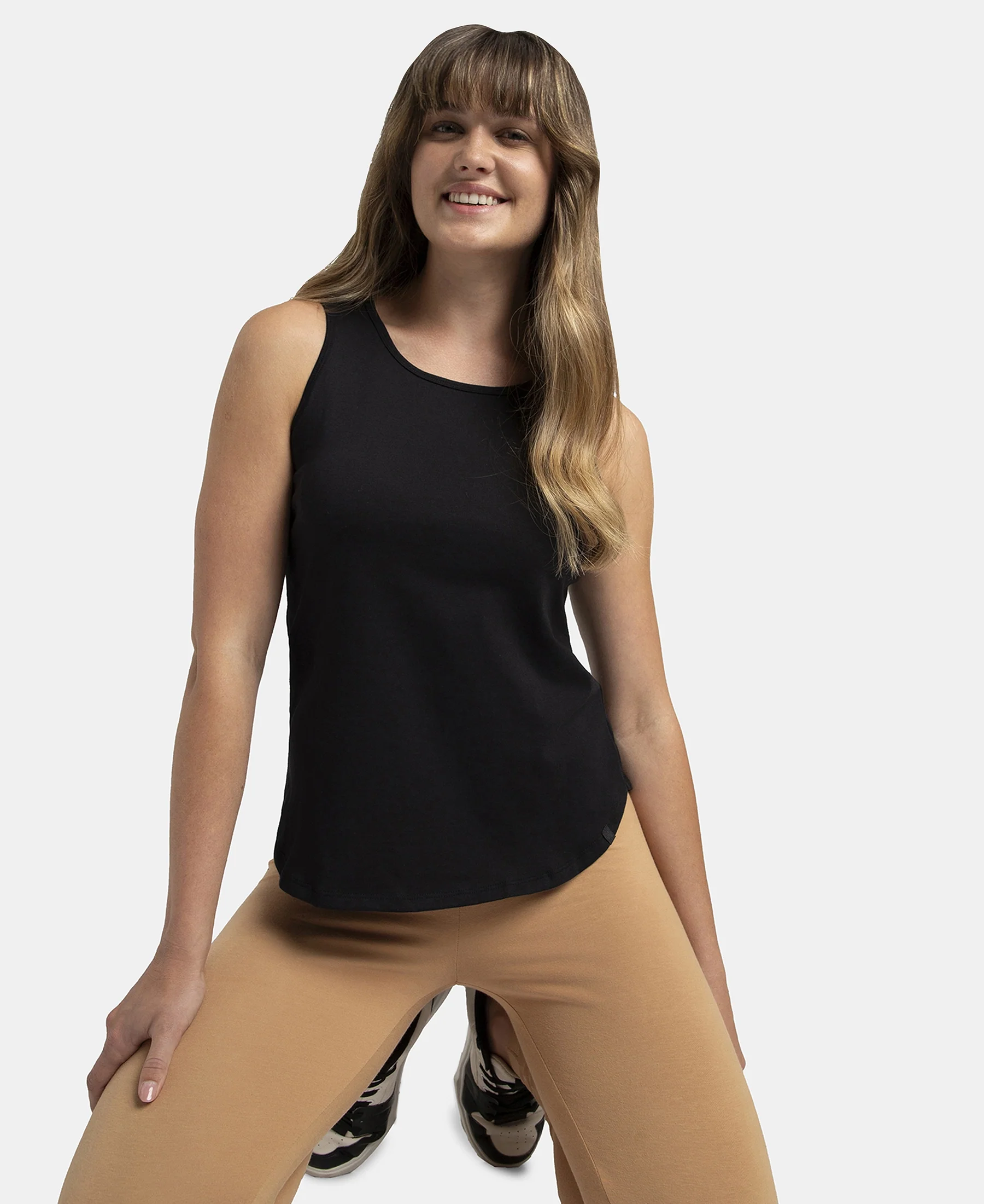 Super Combed Cotton Rich Solid Curved Hem Styled Tank Top - Black - Image 5