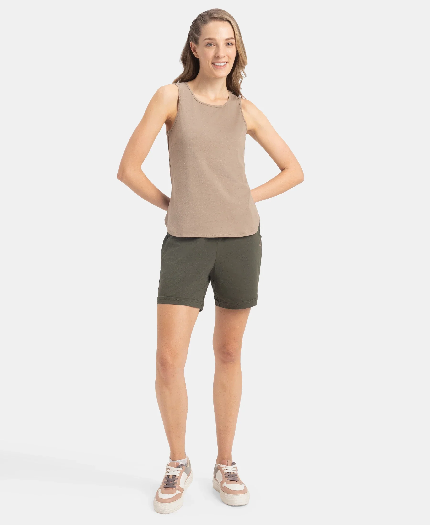 Super Combed Cotton Rich Solid Curved Hem Styled Tank Top - Desert Taupe - Image 4