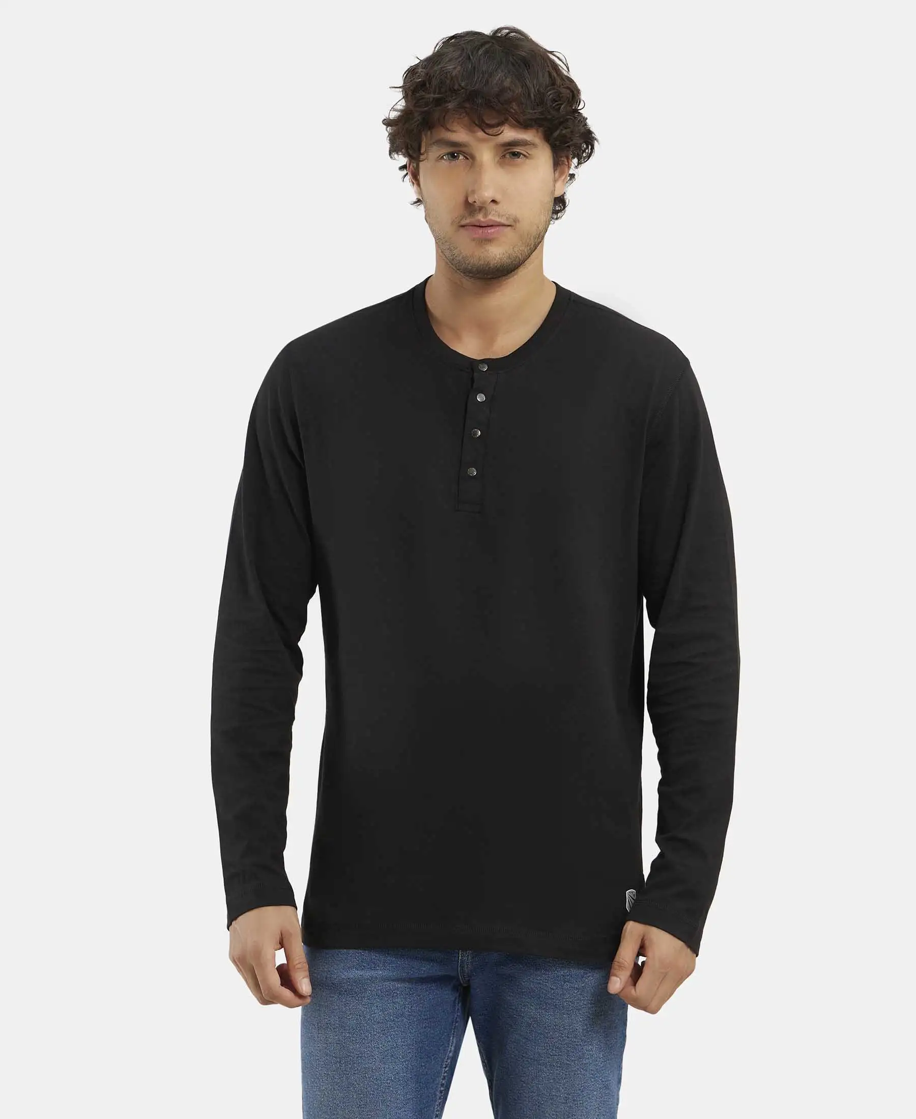 Super Combed Cotton Rich Solid Full Sleeve Henley T-Shirt - Black