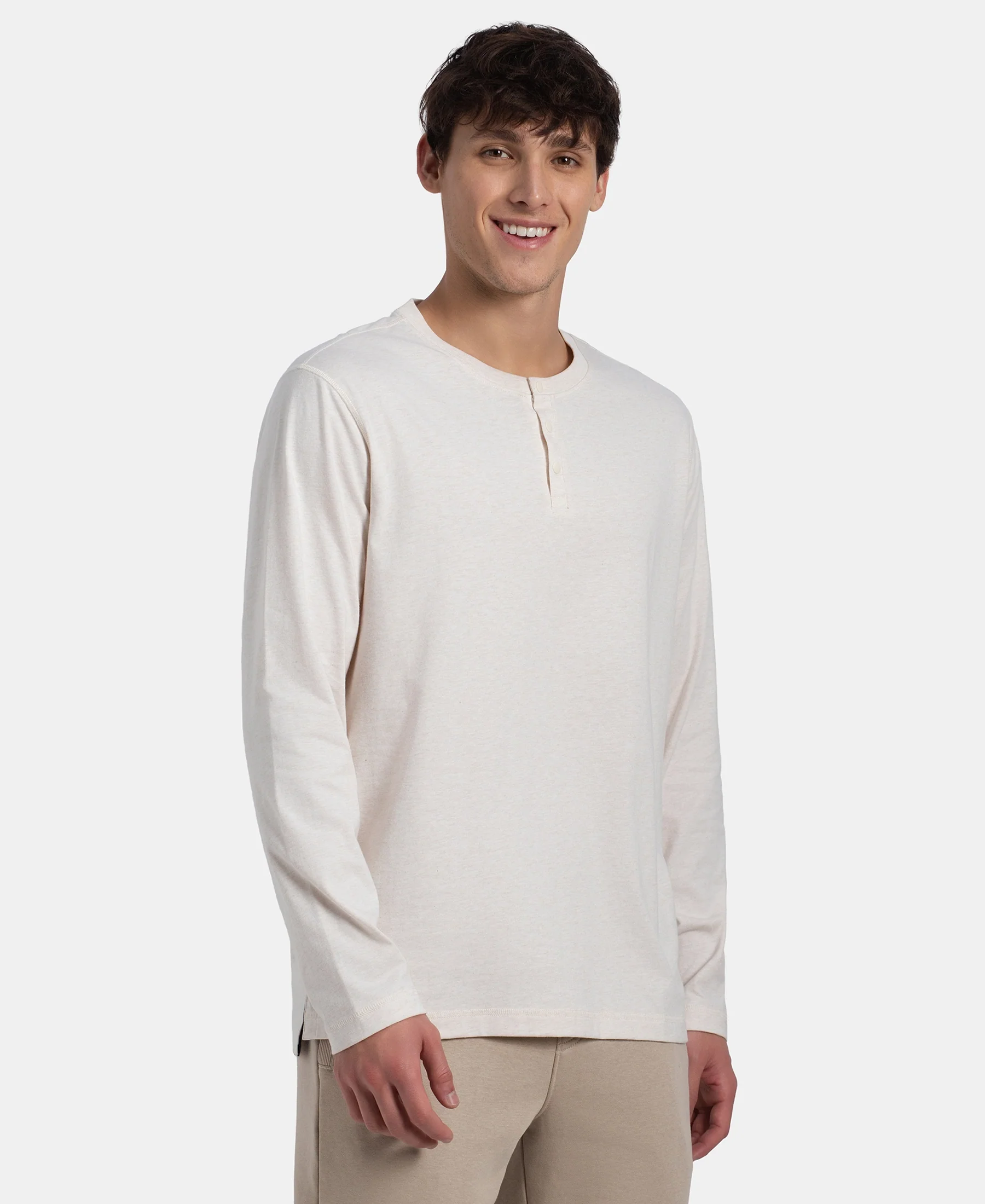 Super Combed Cotton Rich Solid Full Sleeve Henley T-Shirt - Ecru Melange - Image 2