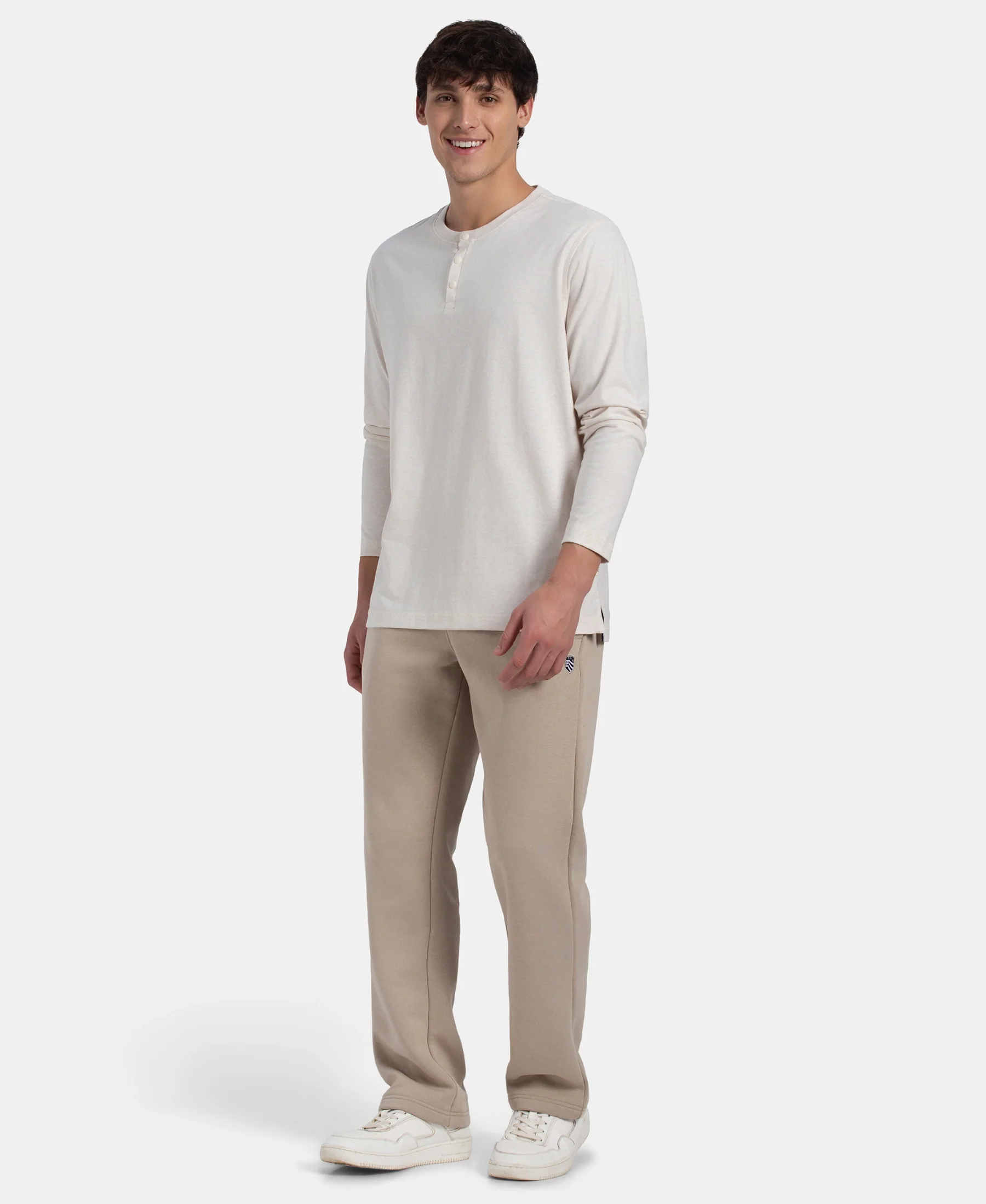 Super Combed Cotton Rich Solid Full Sleeve Henley T-Shirt - Ecru Melange - Image 4