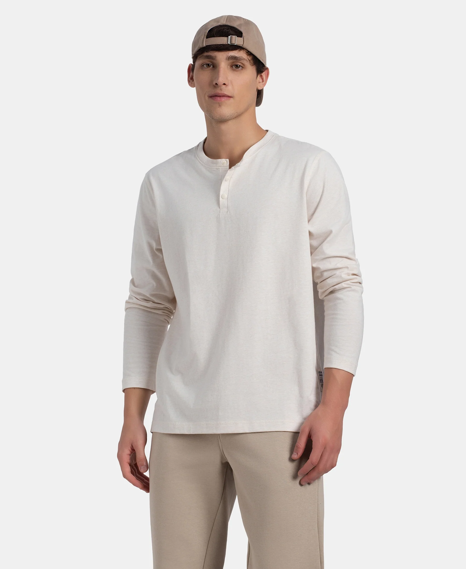 Super Combed Cotton Rich Solid Full Sleeve Henley T-Shirt - Ecru Melange - Image 5