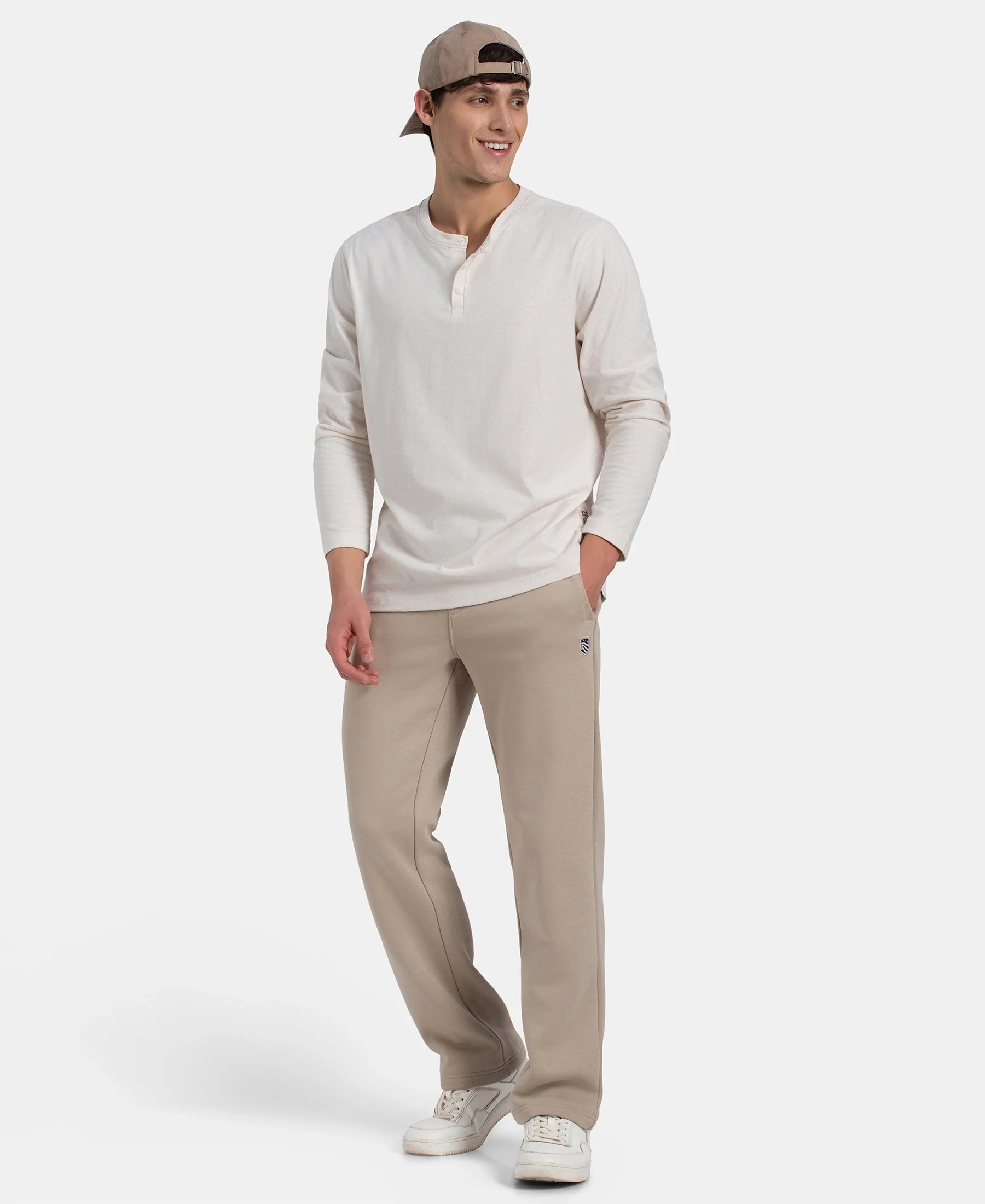 Super Combed Cotton Rich Solid Full Sleeve Henley T-Shirt - Ecru Melange - Image 6