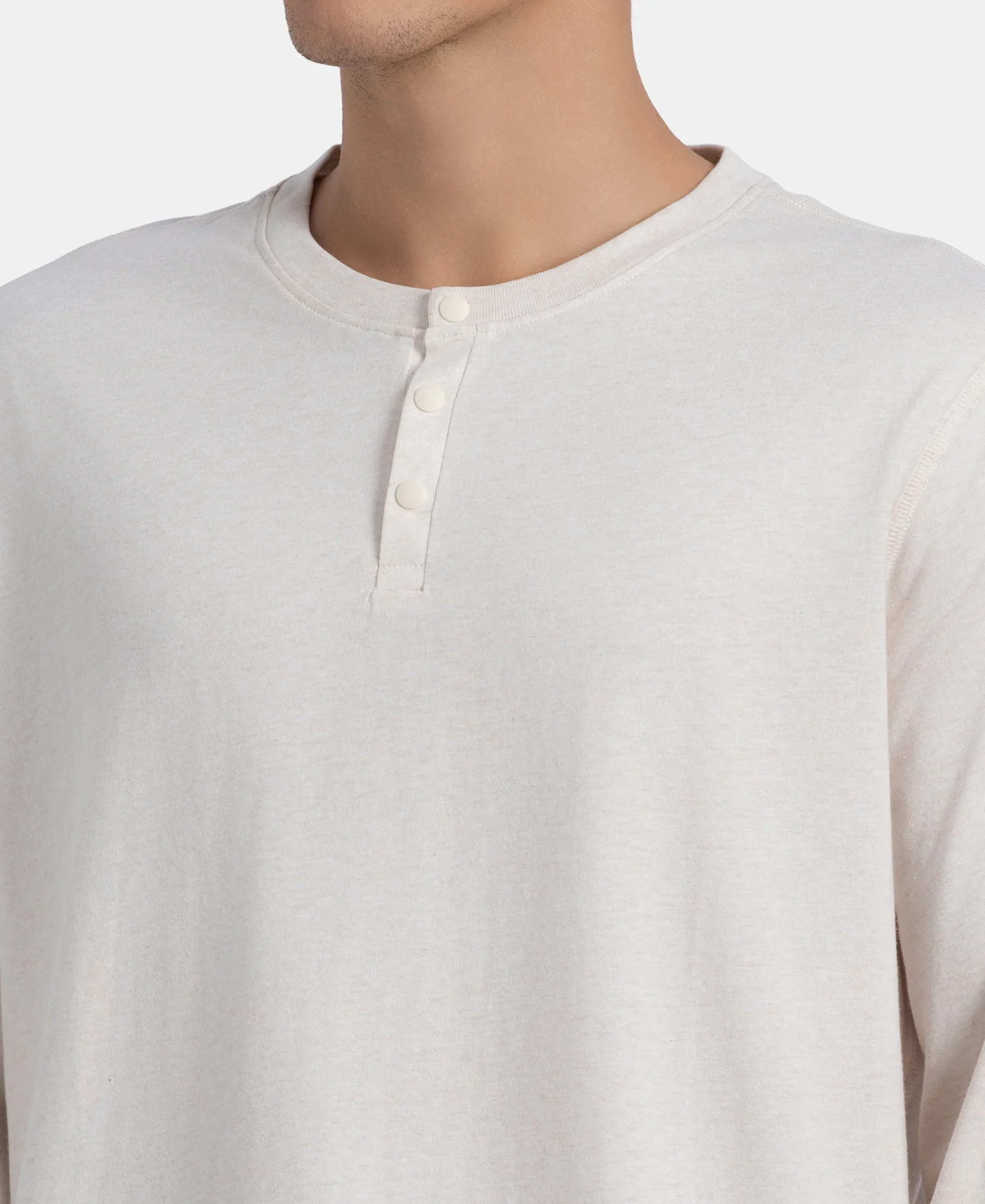 Super Combed Cotton Rich Solid Full Sleeve Henley T-Shirt - Ecru Melange - Image 7