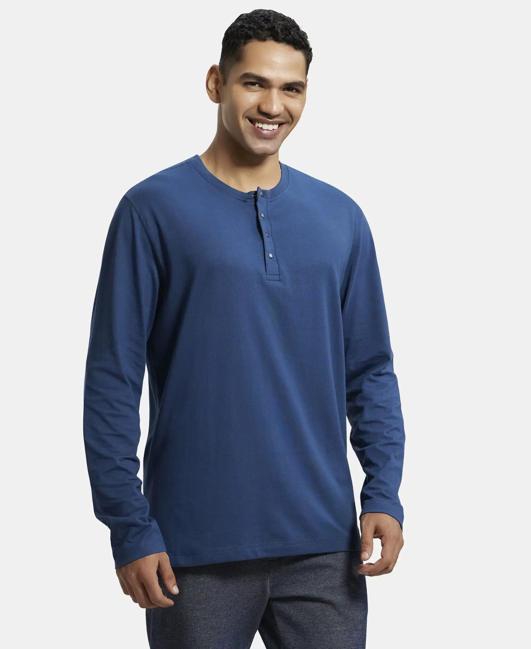 Super Combed Cotton Rich Solid Full Sleeve Henley T-Shirt - Insignia Blue - Image 2