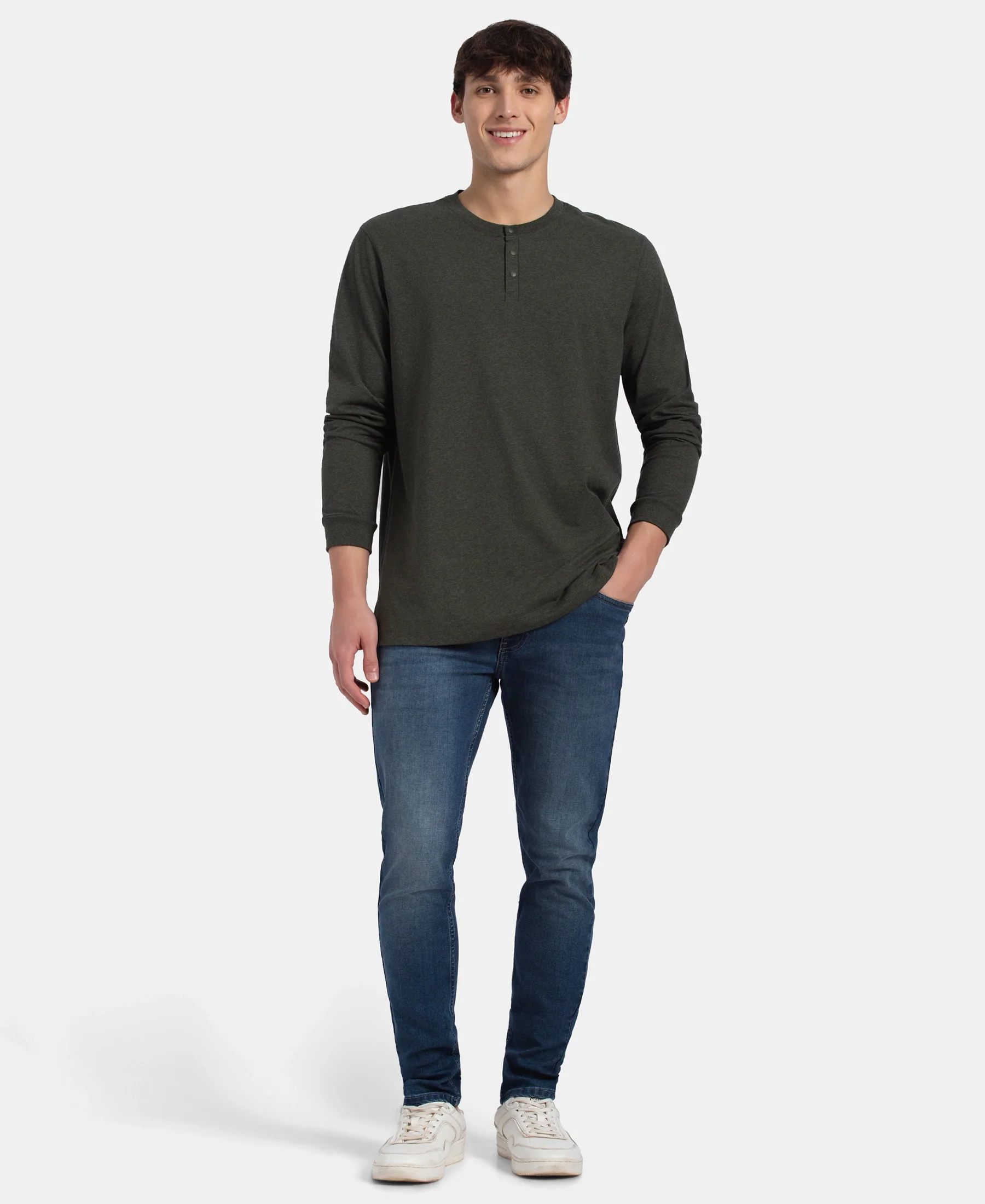 Super Combed Cotton Rich Solid Full Sleeve Henley T-Shirt - Olive Melange - Image 4