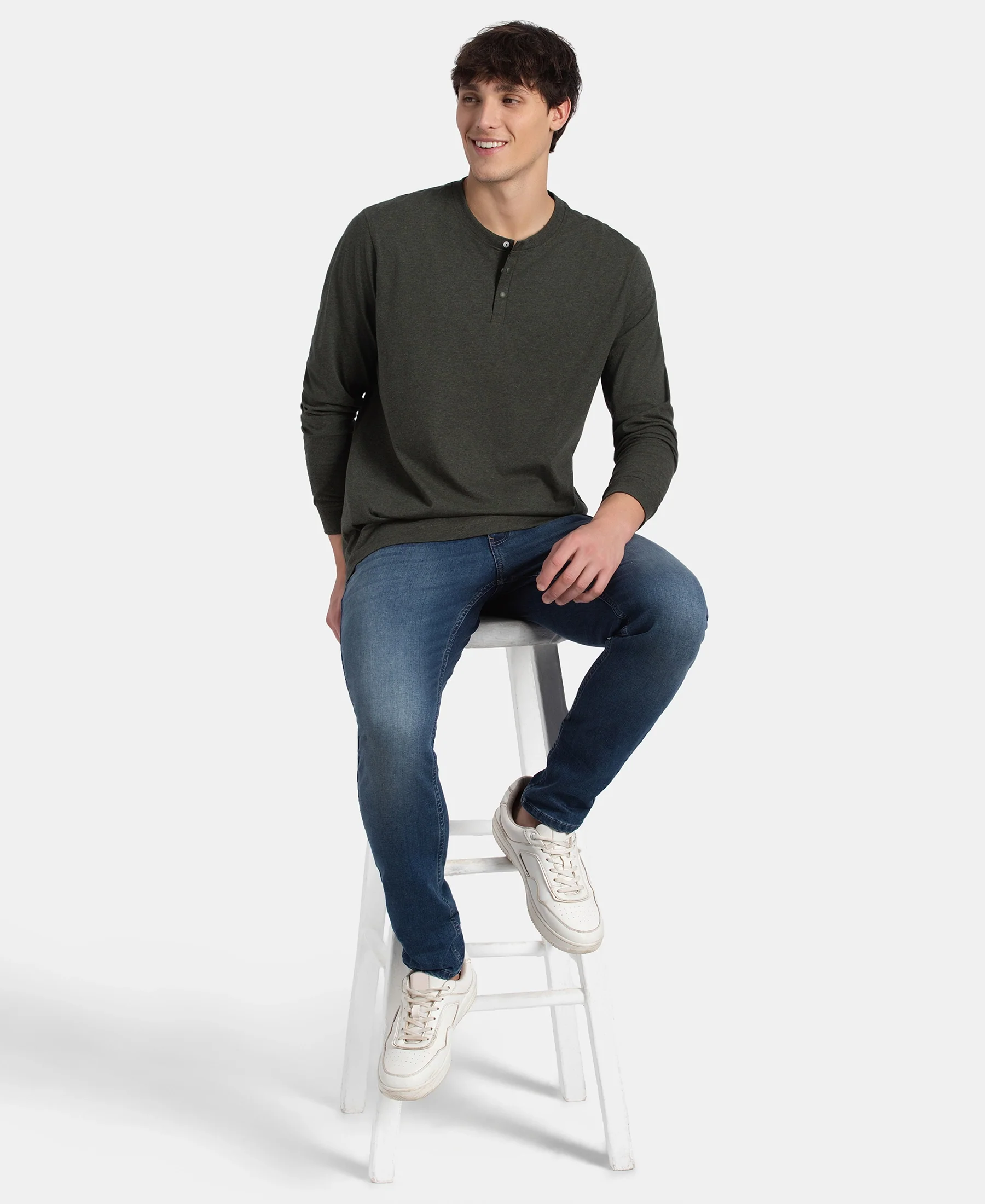 Super Combed Cotton Rich Solid Full Sleeve Henley T-Shirt - Olive Melange - Image 6