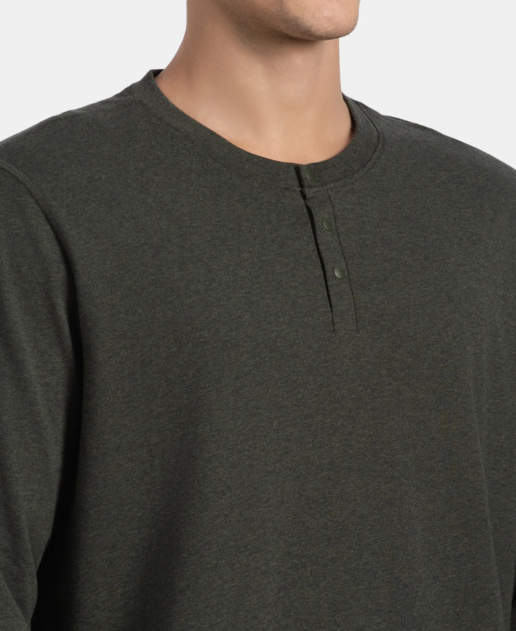 Super Combed Cotton Rich Solid Full Sleeve Henley T-Shirt - Olive Melange - Image 7