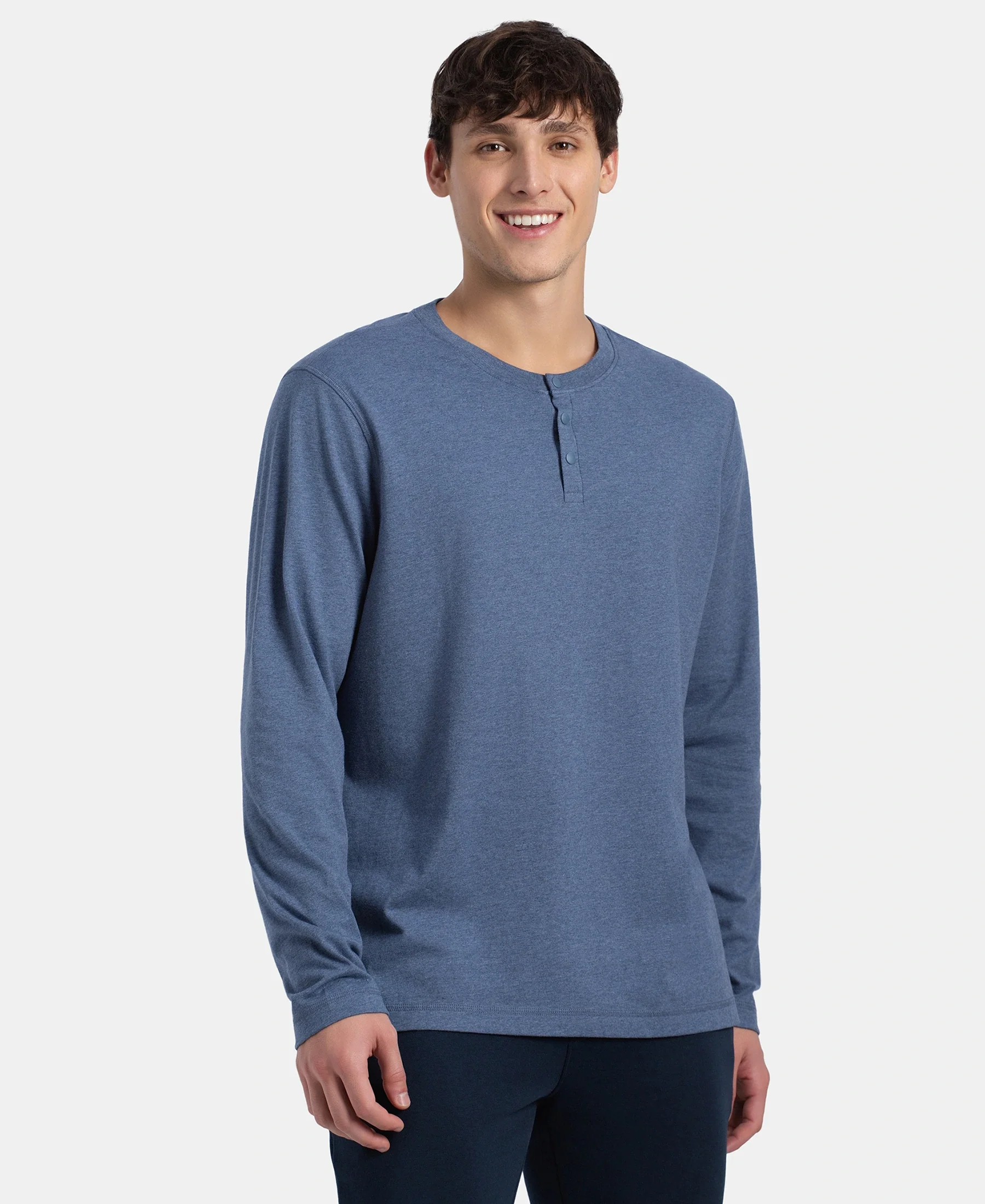 Super Combed Cotton Rich Solid Full Sleeve Henley T-Shirt - Vintage Indigo Melange - Image 2