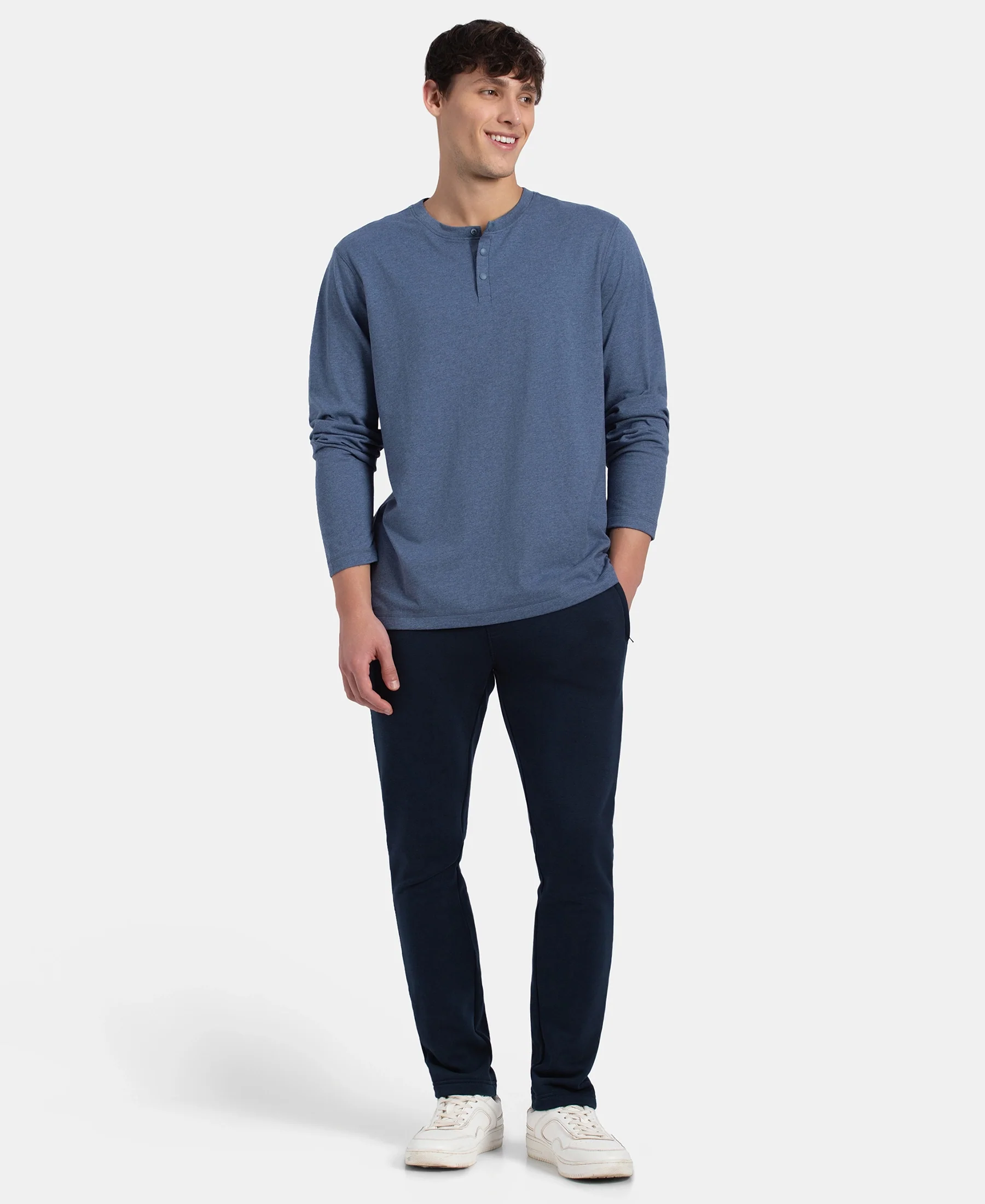 Super Combed Cotton Rich Solid Full Sleeve Henley T-Shirt - Vintage Indigo Melange - Image 4