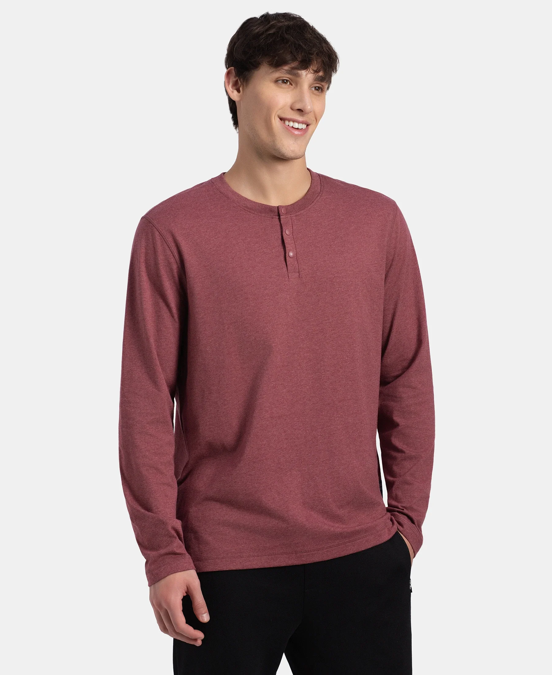 Super Combed Cotton Rich Solid Full Sleeve Henley T-Shirt - Wild Ginger Melange - Image 2