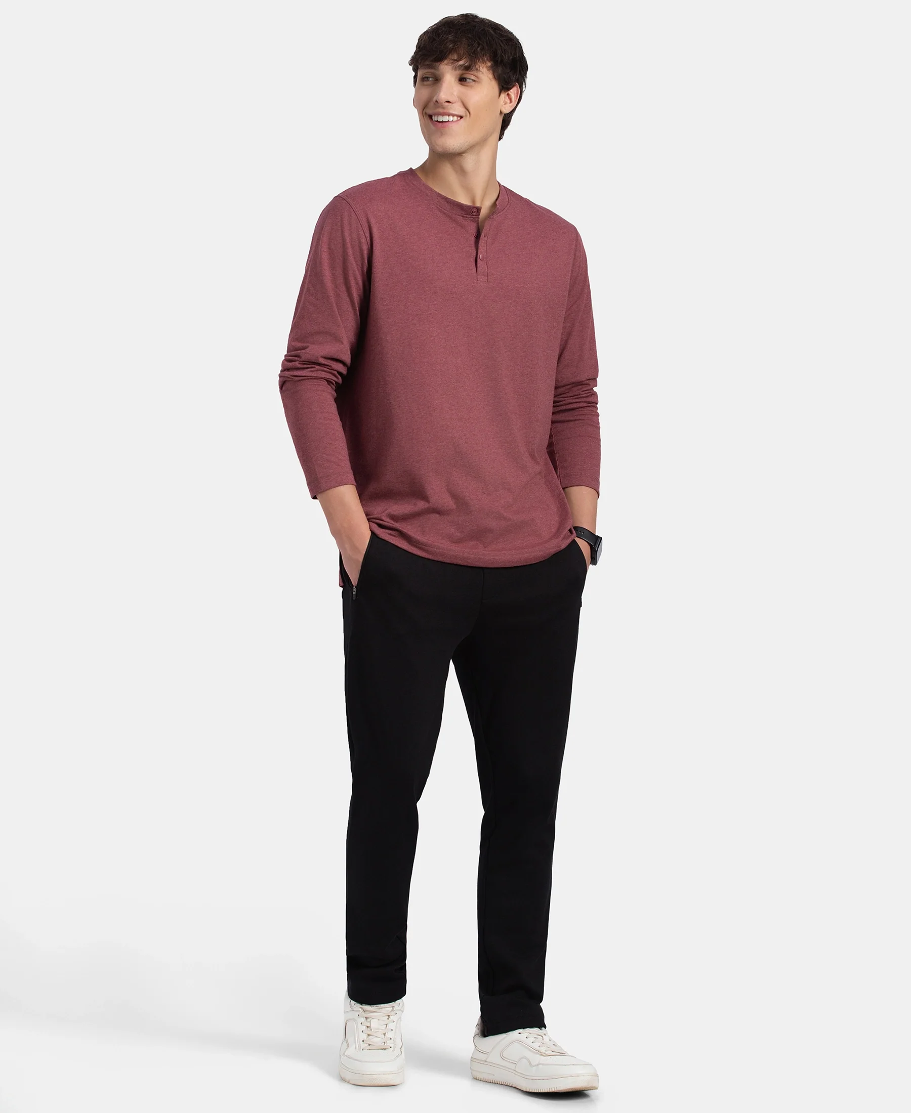 Super Combed Cotton Rich Solid Full Sleeve Henley T-Shirt - Wild Ginger Melange - Image 4