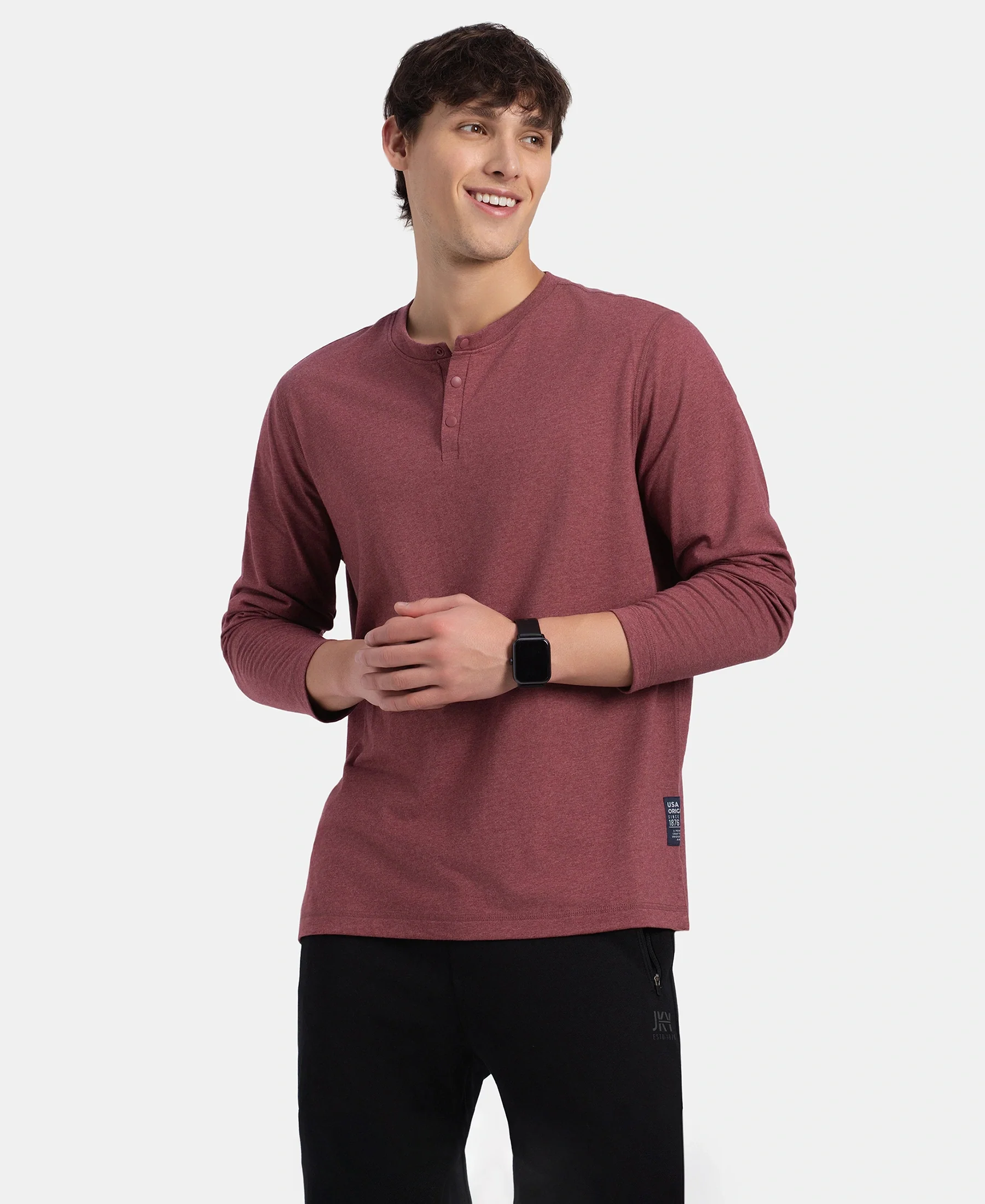 Super Combed Cotton Rich Solid Full Sleeve Henley T-Shirt - Wild Ginger Melange - Image 5