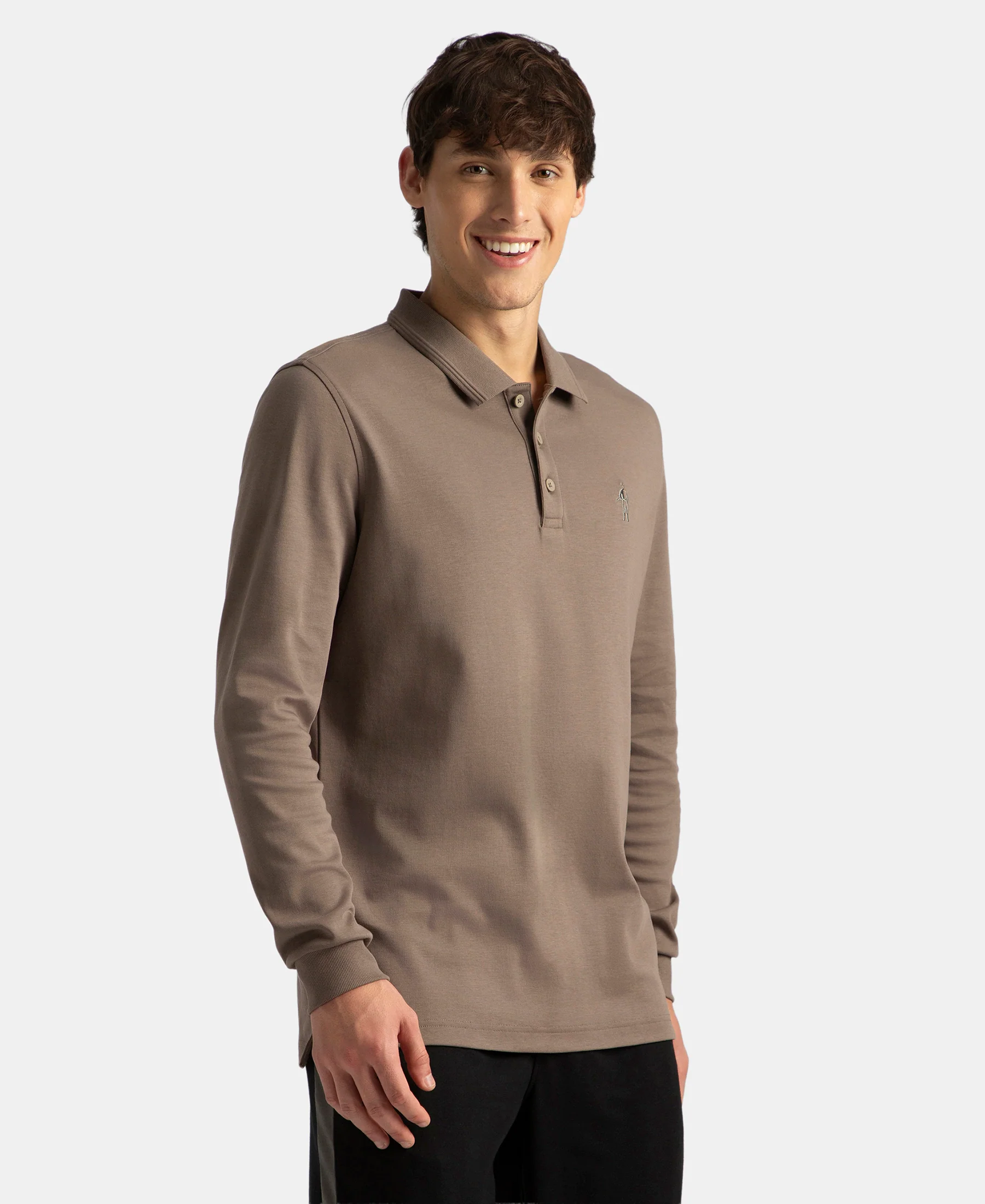 Super Combed Cotton Rich Solid Full Sleeve Polo T-Shirt with Ribbed Cuffs - Dark Khaki - Image 2