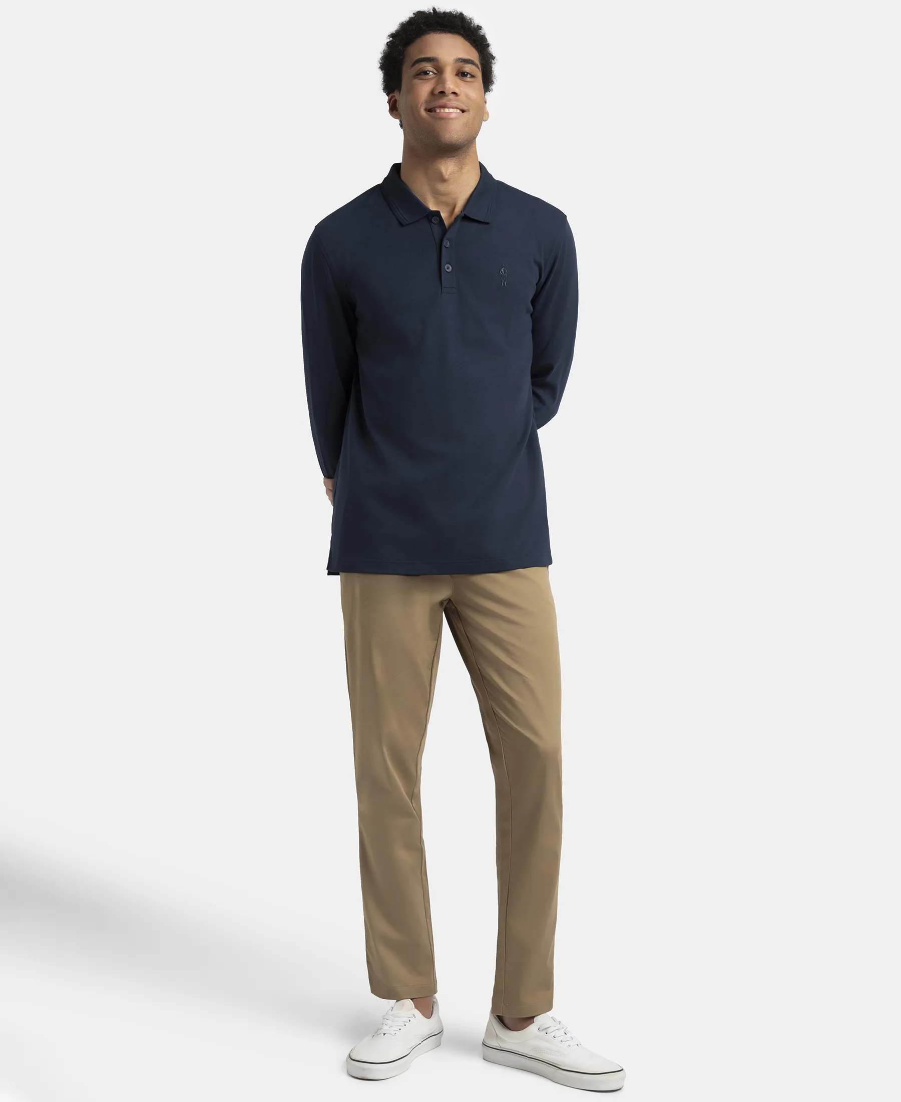 Super Combed Cotton Rich Solid Full Sleeve Polo T-Shirt with Ribbed Cuffs - Navy - Image 4
