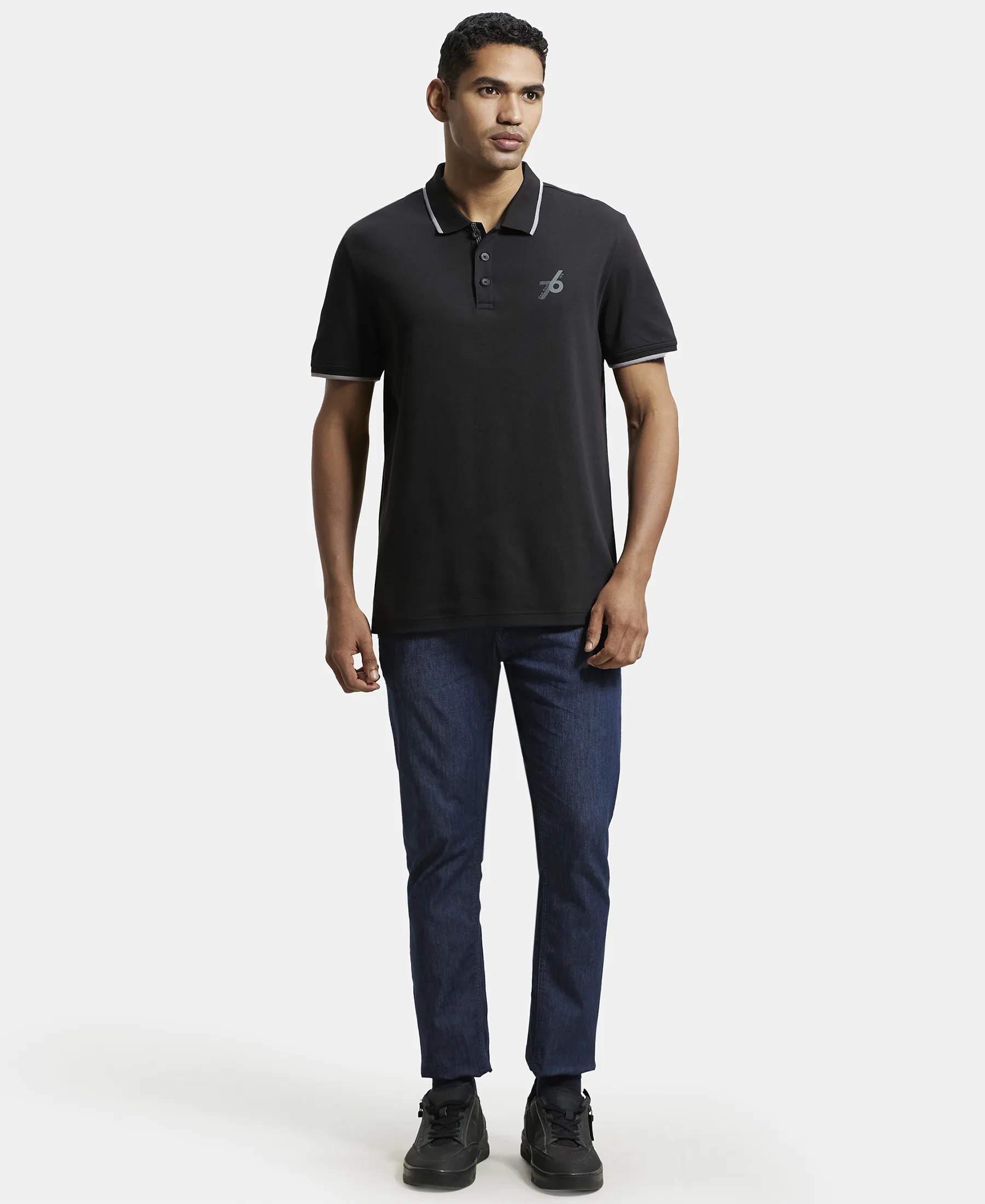Super Combed Cotton Rich Solid Half Sleeve Polo T-Shirt - Black - Image 4