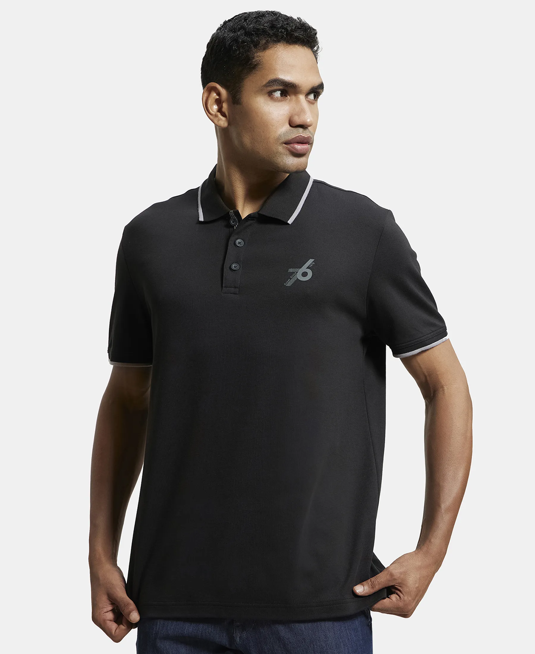 Super Combed Cotton Rich Solid Half Sleeve Polo T-Shirt - Black - Image 5