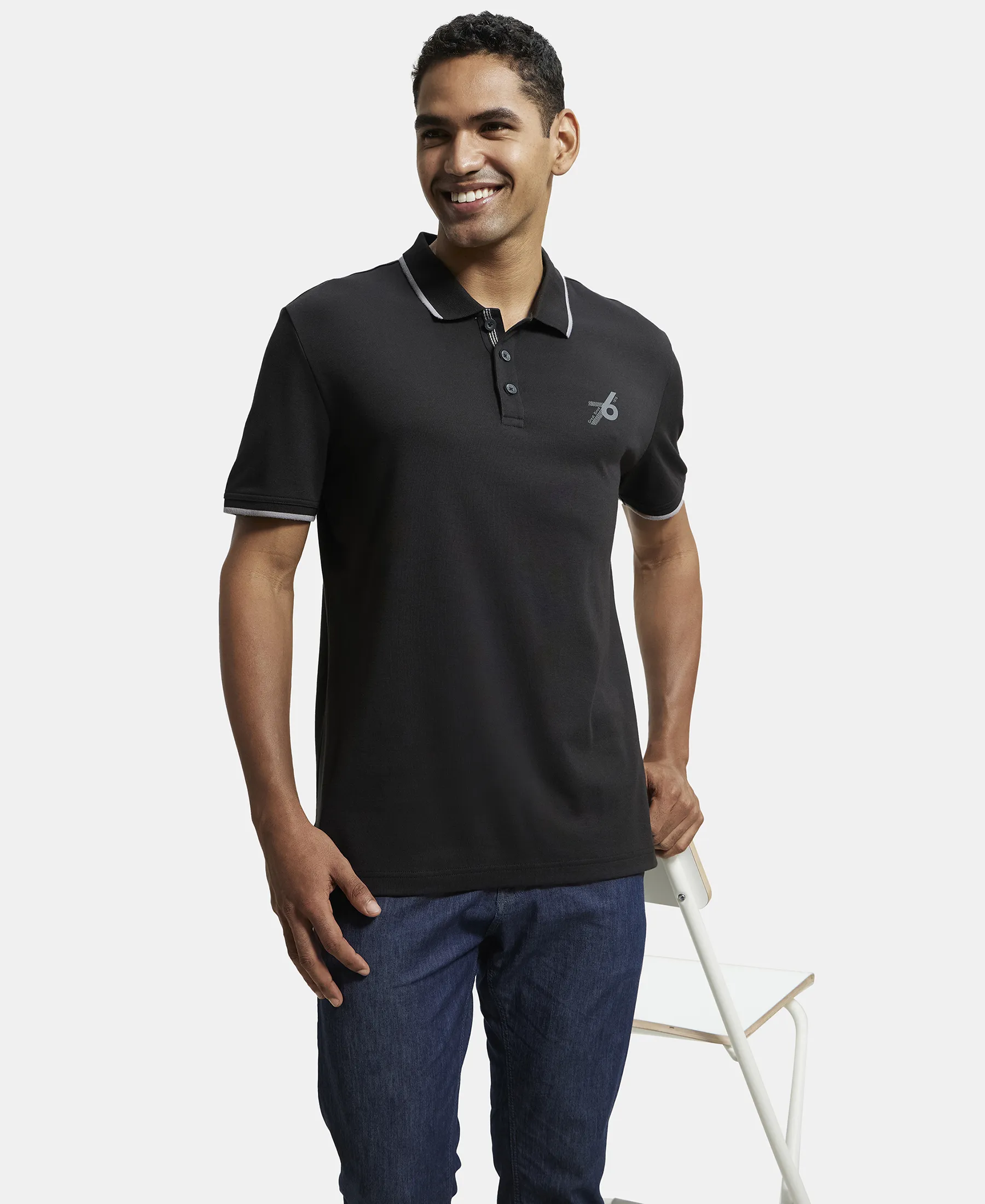 Super Combed Cotton Rich Solid Half Sleeve Polo T-Shirt - Black - Image 6