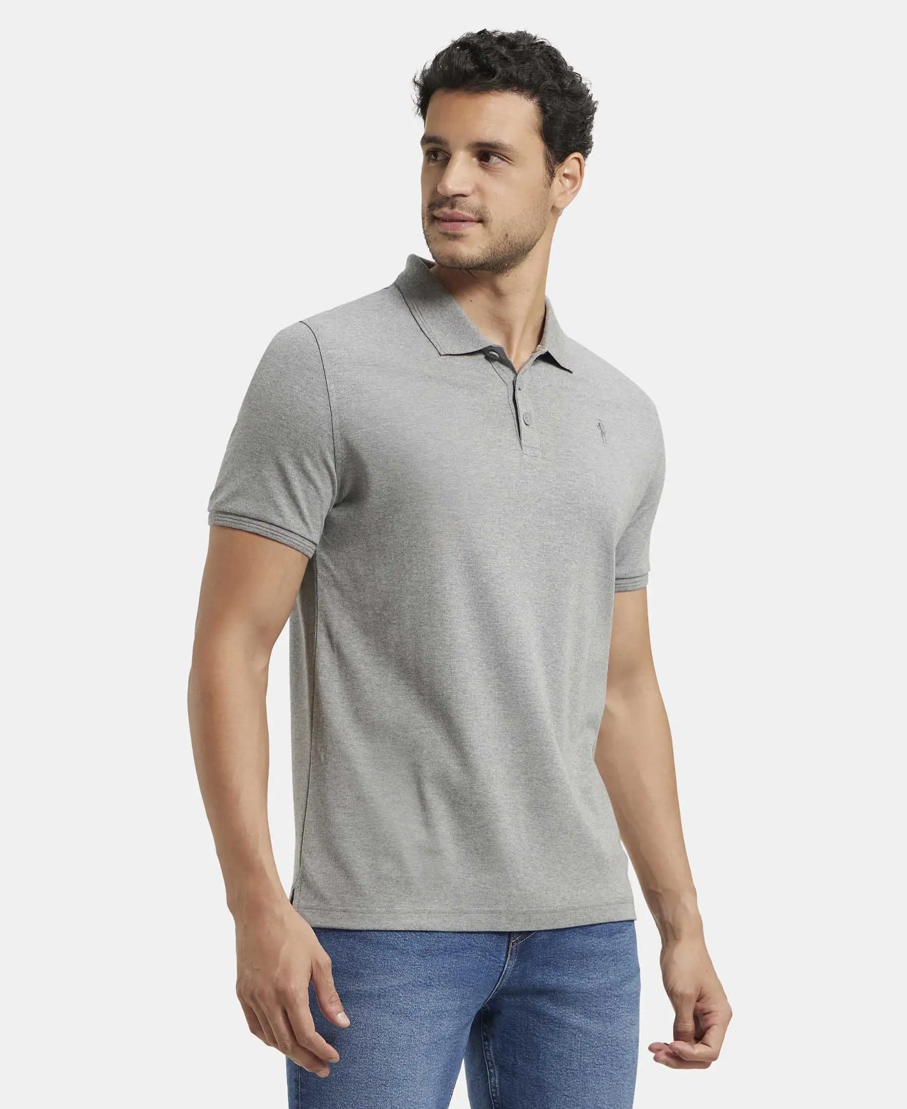 Super Combed Cotton Rich Solid Half Sleeve Polo T-Shirt - Grey Melange - Image 2