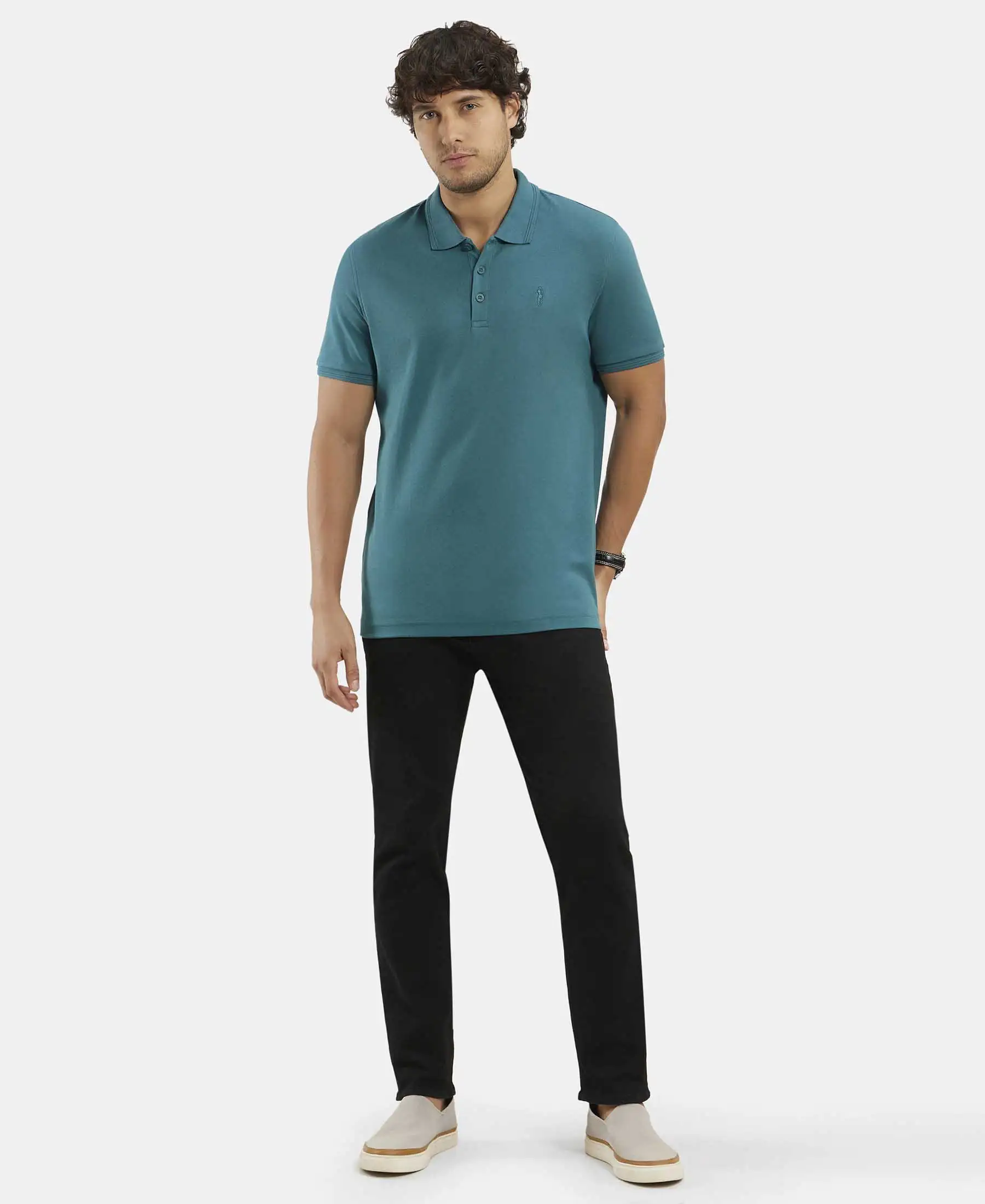 Super Combed Cotton Rich Solid Half Sleeve Polo T-Shirt - Pacific Green - Image 6