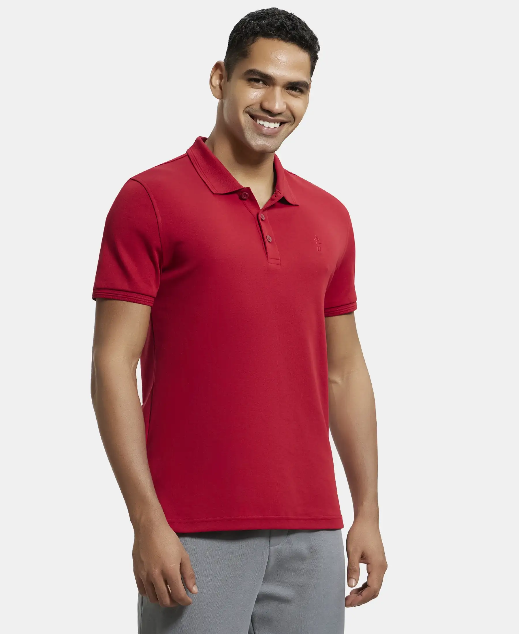 Super Combed Cotton Rich Solid Half Sleeve Polo T-Shirt - Shanghai Red - Image 2