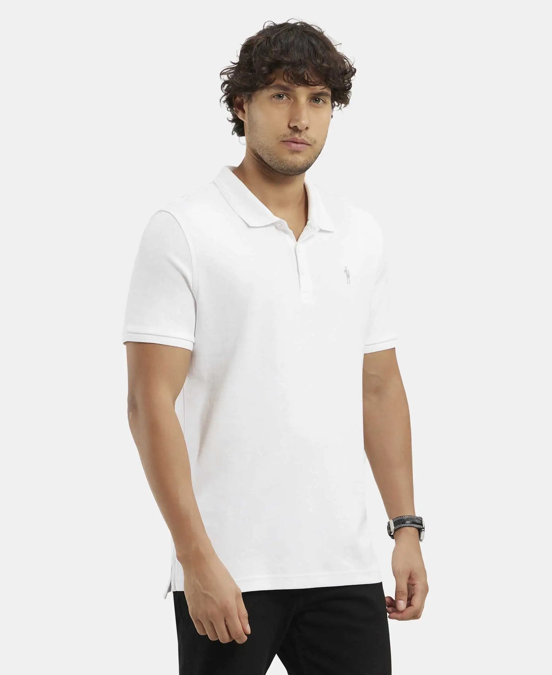 Super Combed Cotton Rich Solid Half Sleeve Polo T-Shirt - White - Image 2