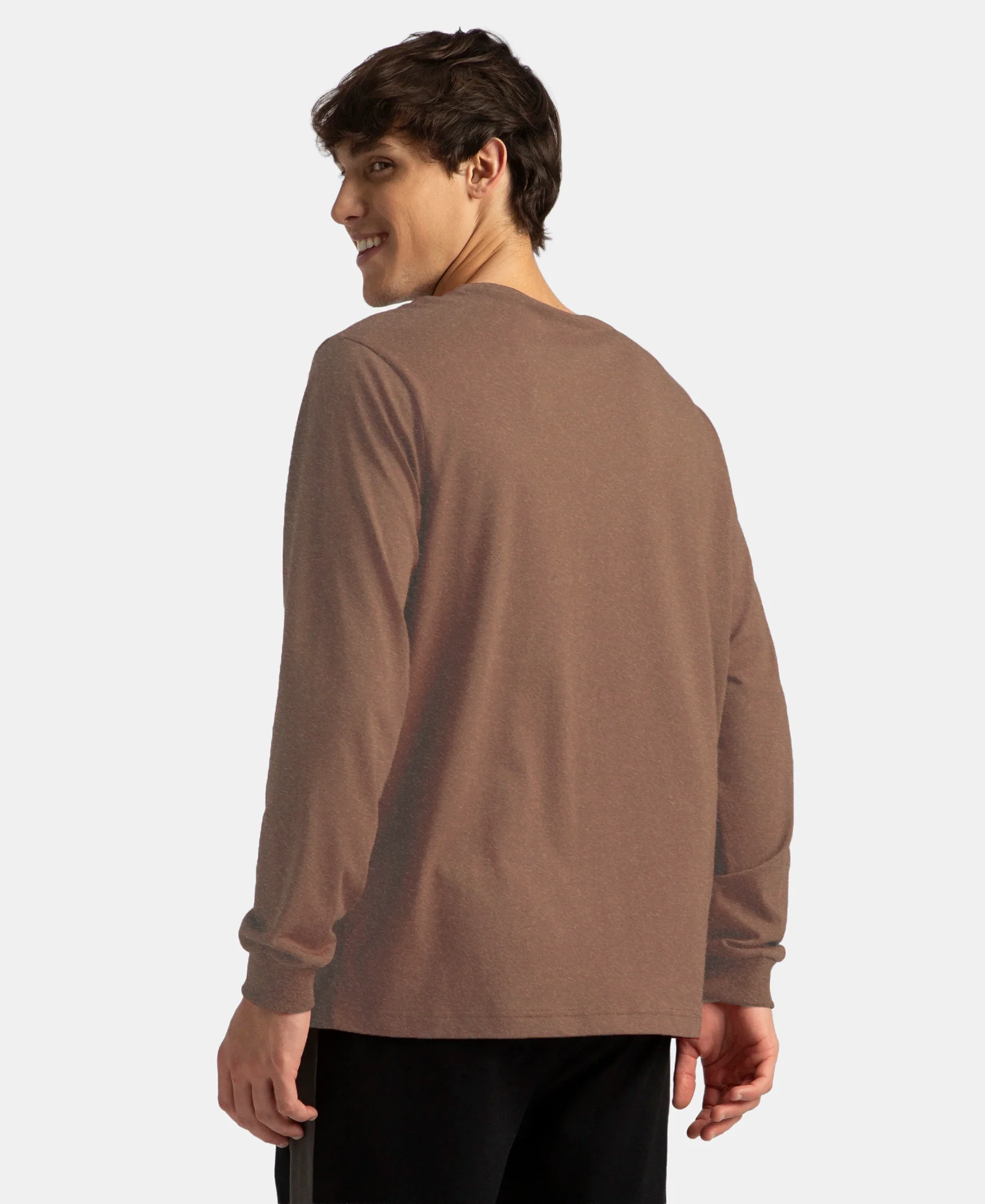 Super Combed Cotton Rich Solid Round Neck Full Sleeve T-Shirt - Brownie Melange - Image 3
