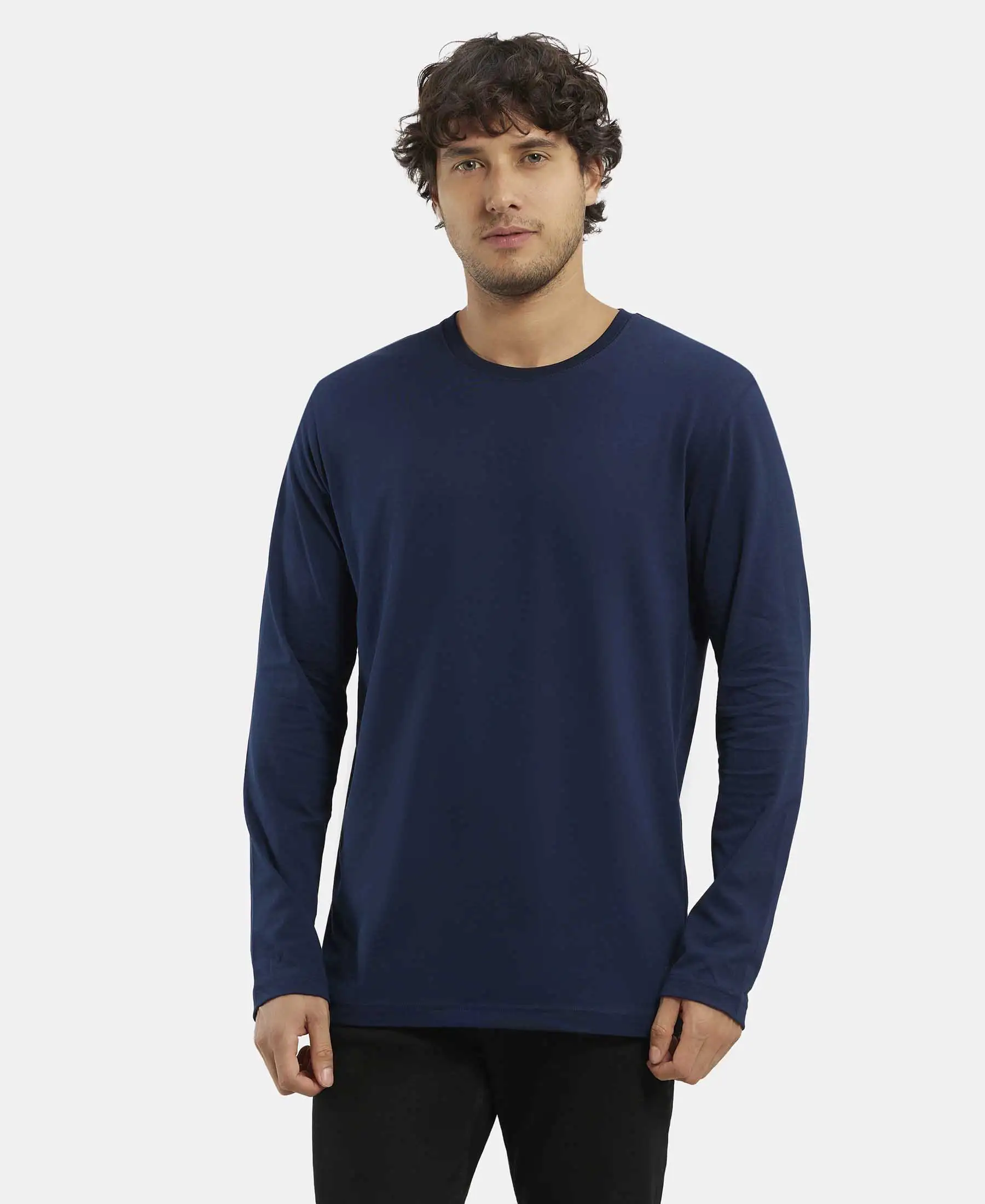 Super Combed Cotton Rich Solid Round Neck Full Sleeve T-Shirt - Navy