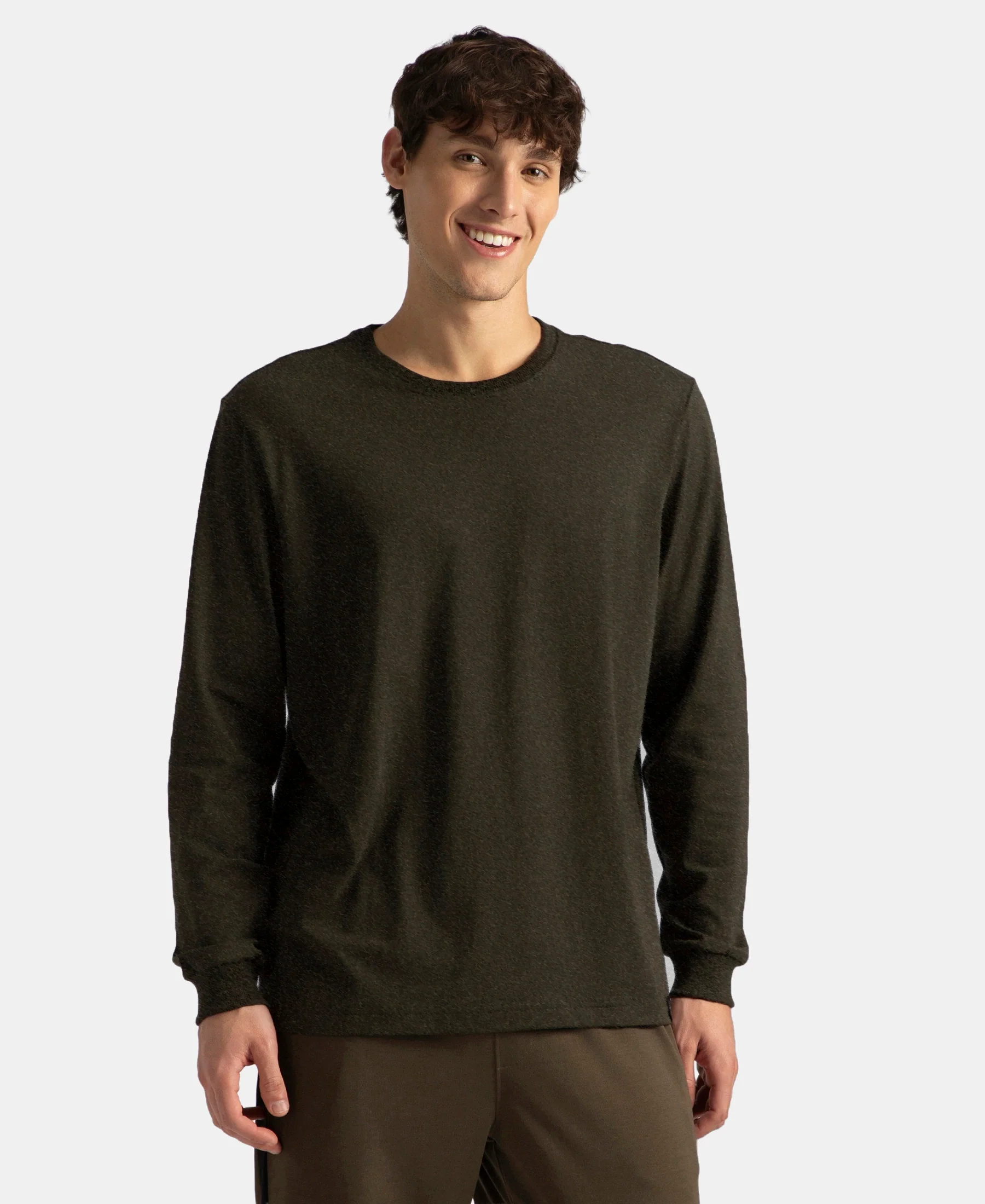 Super Combed Cotton Rich Solid Round Neck Full Sleeve T-Shirt - Olive Melange - Image 2
